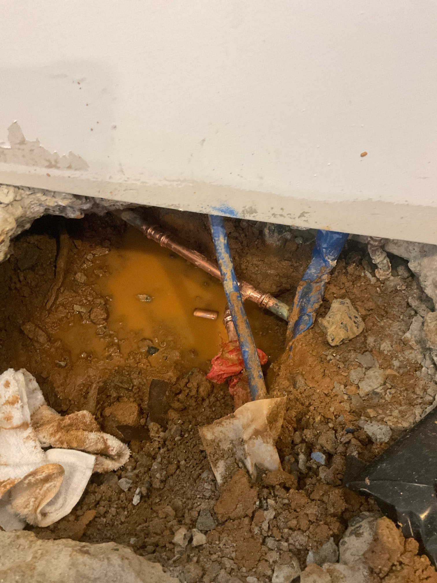 Today we fixed a copper water  pipe leak under the kitchen floor , leak was located by national leak detection company , we used big jackhammer break the concrete, replaced a leaking copper coupling along with a tee fitting , fill the hole back with dirt , not include fix concrete back 