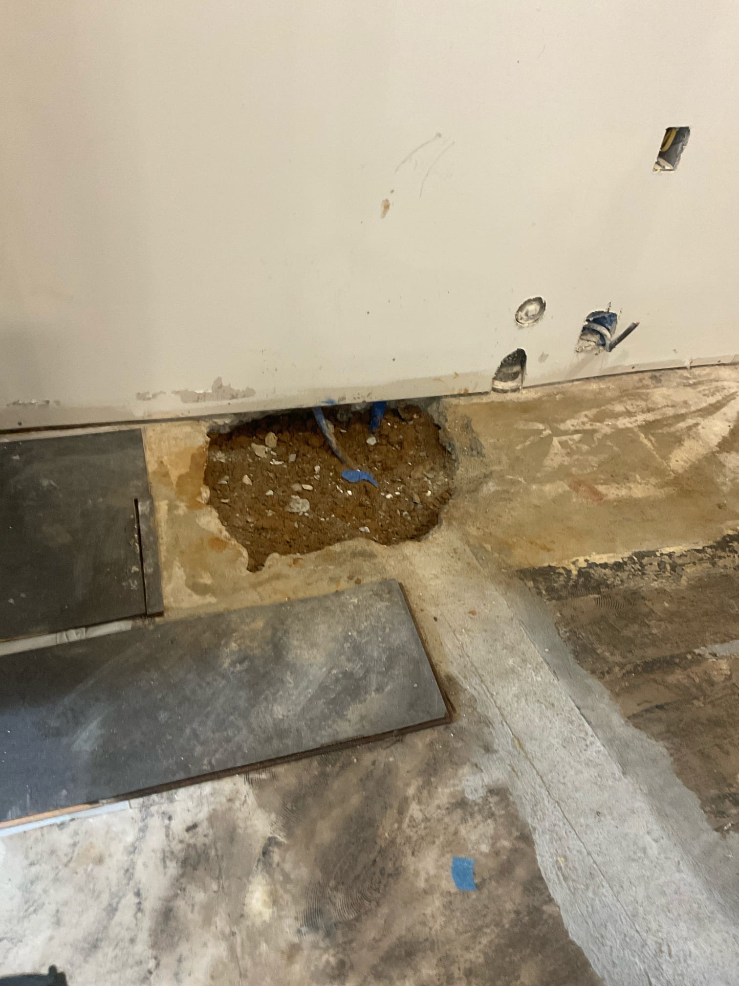 Today we fixed a copper water  pipe leak under the kitchen floor , leak was located by national leak detection company , we used big jackhammer break the concrete, replaced a leaking copper coupling along with a tee fitting , fill the hole back with dirt , not include fix concrete back 