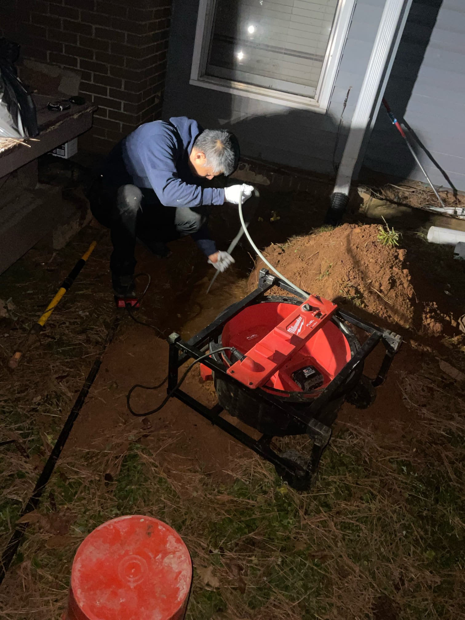 Customer called for problem with main sewer line back up , house is on septic , tank is in the back , we dug up outside installed a 4” two way clean out , unclogged line with snake machine , did camera inspection, found tank is kind full , could be possible Fieldline or problem with line to tank or baffle tee . If back up again next time , we have to come back open the tank to check 