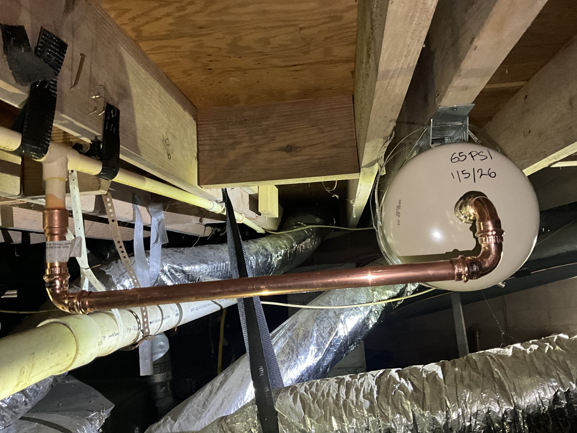 Customer had a toilet (in the hallway) that was clogged, but customer was able to plunge to clear the stoppage. No further attention needed at this time. The piping beneath that bathroom is pvc. 

Customer had concerns over a loose trip lever in hall toilet. Found the nut was unthreaded in the bottom of the tank. Retightened the nut to keep it in place. Toilet is working properly.  

Noted to customer a failed thermal expansion tank that was unstrapped on Cpvc. Informed customer this is dangerous since it can cause the pipe to break. Replaced the thermal expansion tank, strapped it properly, and tested work to ensure proper function and no leaks. 

Customer has a Kohler toilet in the primary bedroom that is running. Replaced the red Kohler ring as a courtesy in conjunction with the other work so that water wasn’t running in the middle of the night anymore. Left customer a quote for a full rebuild or replacement of the hall bath.