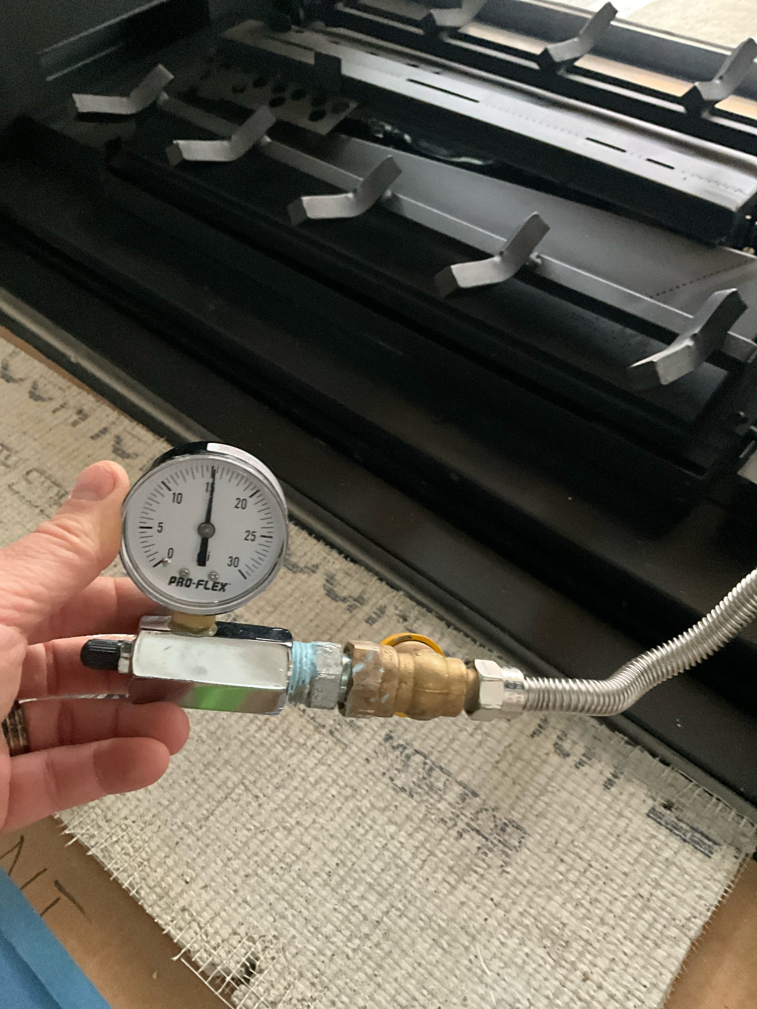Customer had a fireplace company come and run a new line to a new fireplace. Fireplace company had left a supply line and gauge. Pressurized the section of line that inspector requested to be pressure tested to 15 psi (picture with pressure reading attached). Line will sit for 24 hours until inspection. If any leaks are found to be on the system by the inspector, fireplace company will need to find and repair leaking section of pipe. 