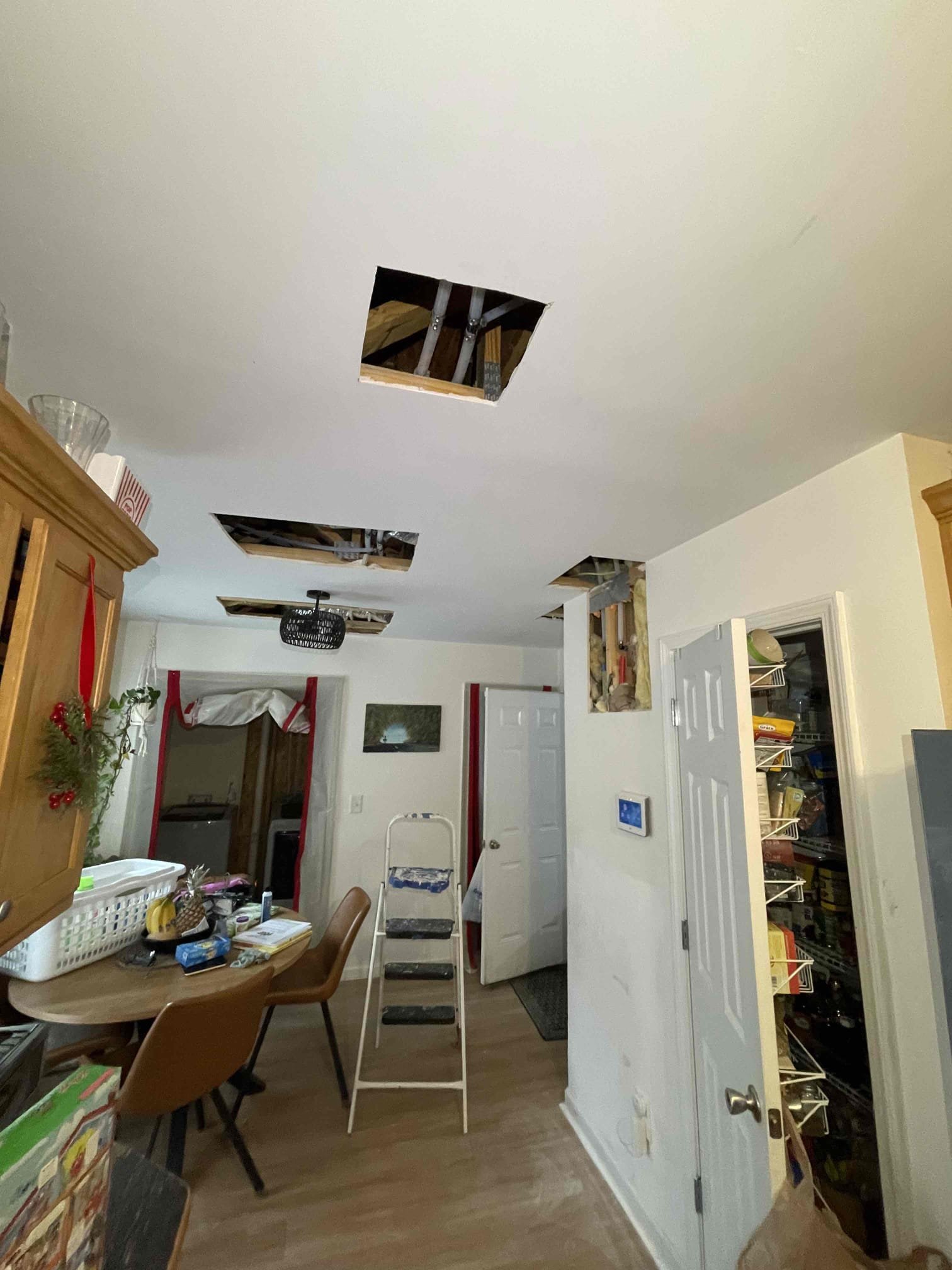 Came out to repipe house due to faulty Nibco pex B piping that had already caused 3 leaks inside the home and water damage in the powder room and laundry room. Cut drywall in many different spots across the house. Removed all nibco pex B and replaced with uponor pex A piping. Installed new stop valves at every fixture. Tested to ensure a leak free installation. Hauled off all old piping and removed drywall. 5 year warranty on materials and labor. Warranty does not cover damage to piping should it occur when drywall is being replaced. Relocated shut off valves for hose bibs near each fixture. Recommended the homeowner have her contractor install access panels for each shut off valve. No further issue at this time. 