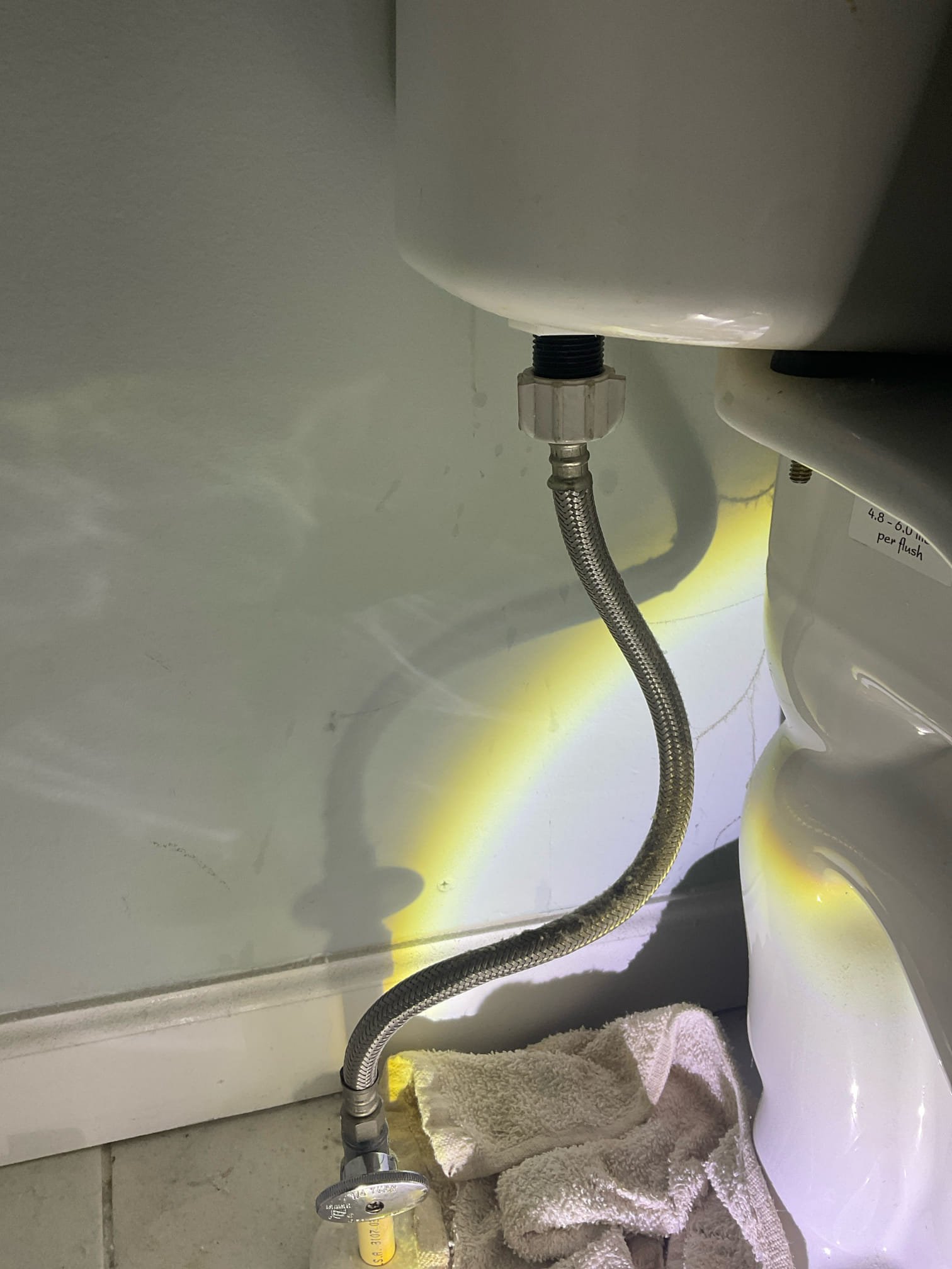 We replaced a water service line from water meter to crawl space , installed new shut off valve after meter outside and also new shut off valve in crawl space , replace one toilet fill valve and three new flapper installed .