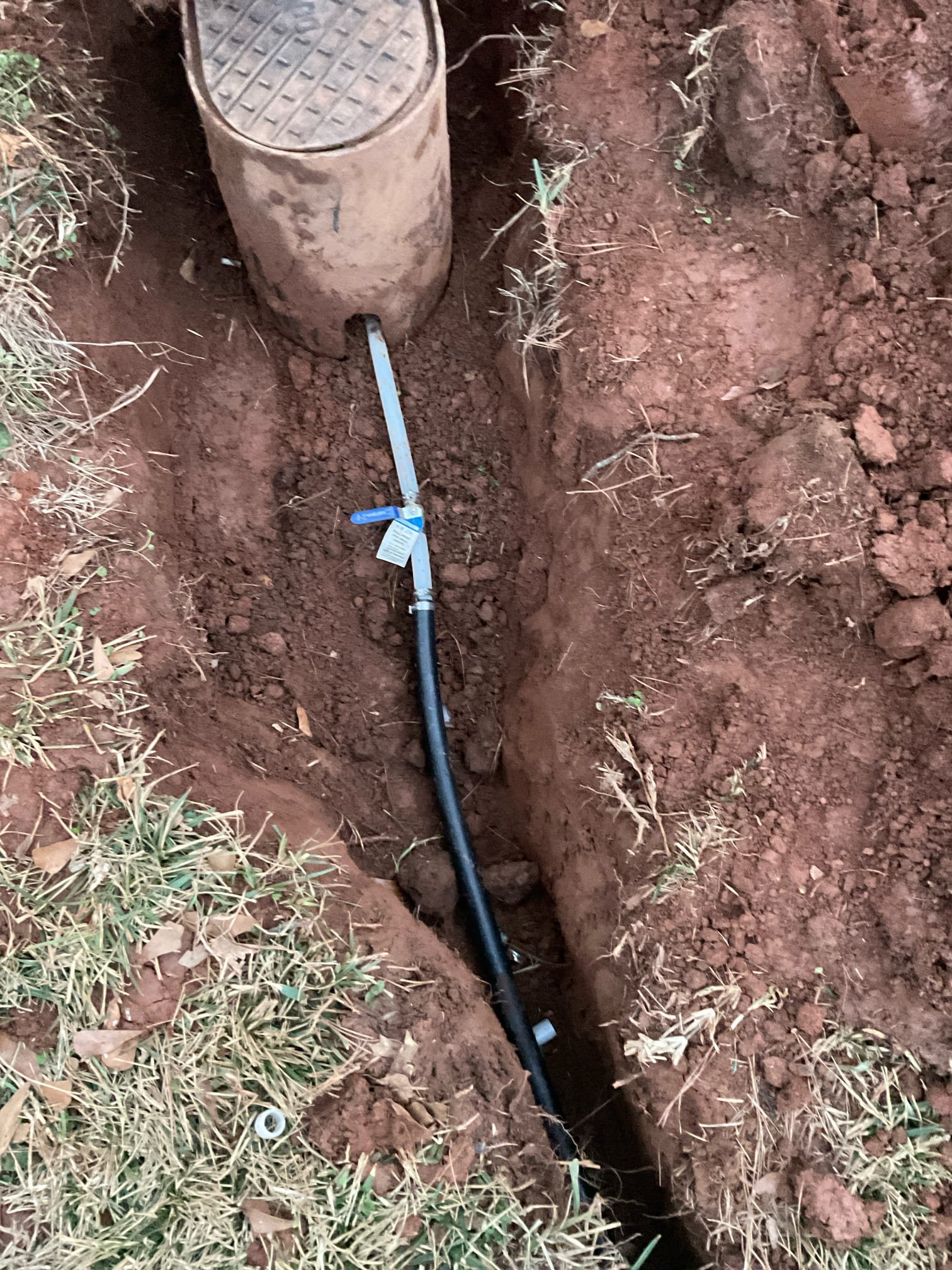 Arrived today , customer and Tim both heard running water sound underground by the water meter , turned off shut off in crawl space , noticed meter still moving , determined leak is outside with polyurethane piping , we installed new 1” black poly pipe today with shut off valve with access box after meter outside.  