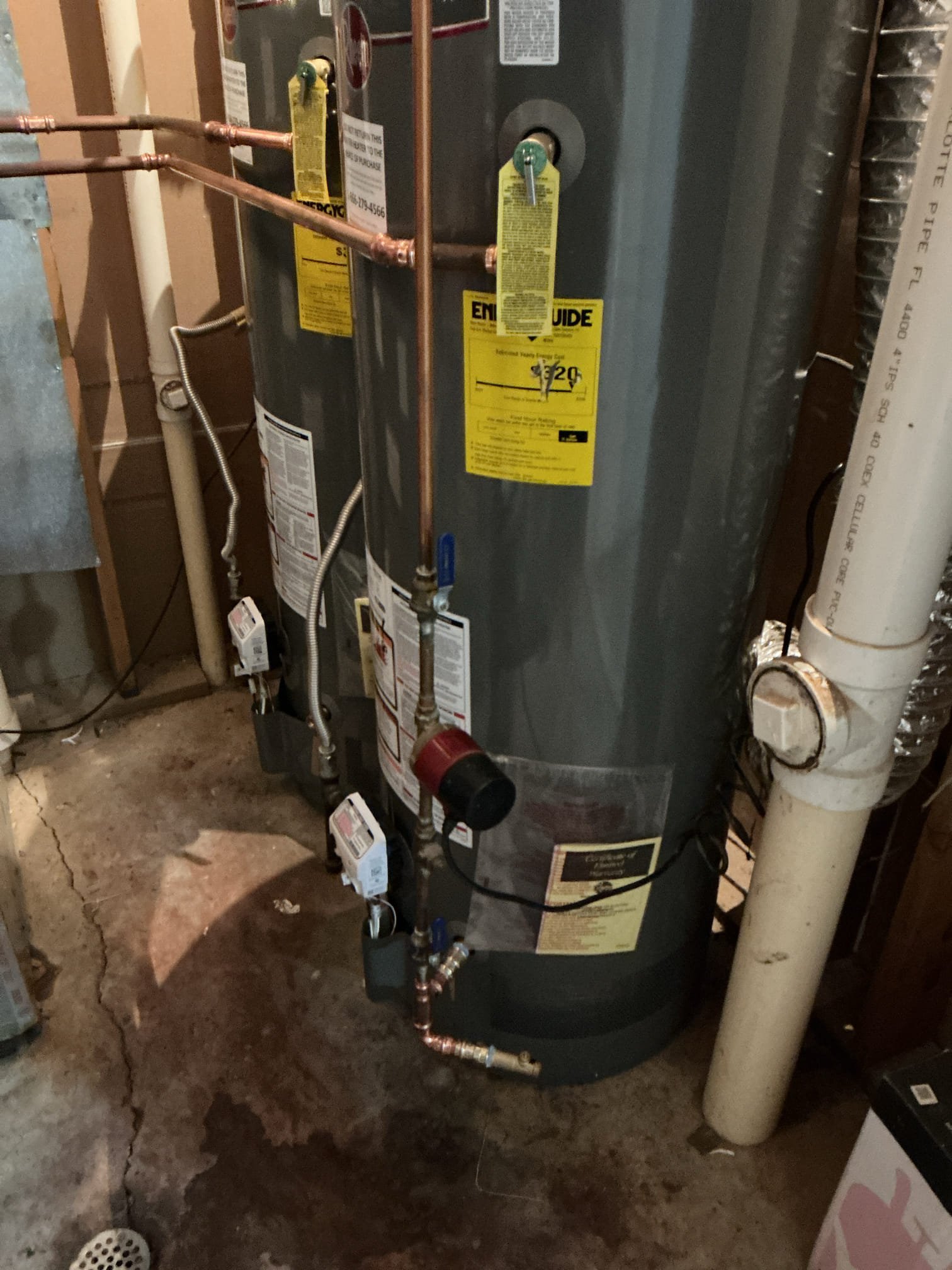 Customer had two 50 gallon Rheem water heaters old and leaking. Gave options for replacement of both heaters. Installed two new Rheem heaters with new ball valves. Also re-attached recirc system. After replacements checked for leaks and proper function of heater. Pressure is at 50 PSI. 
