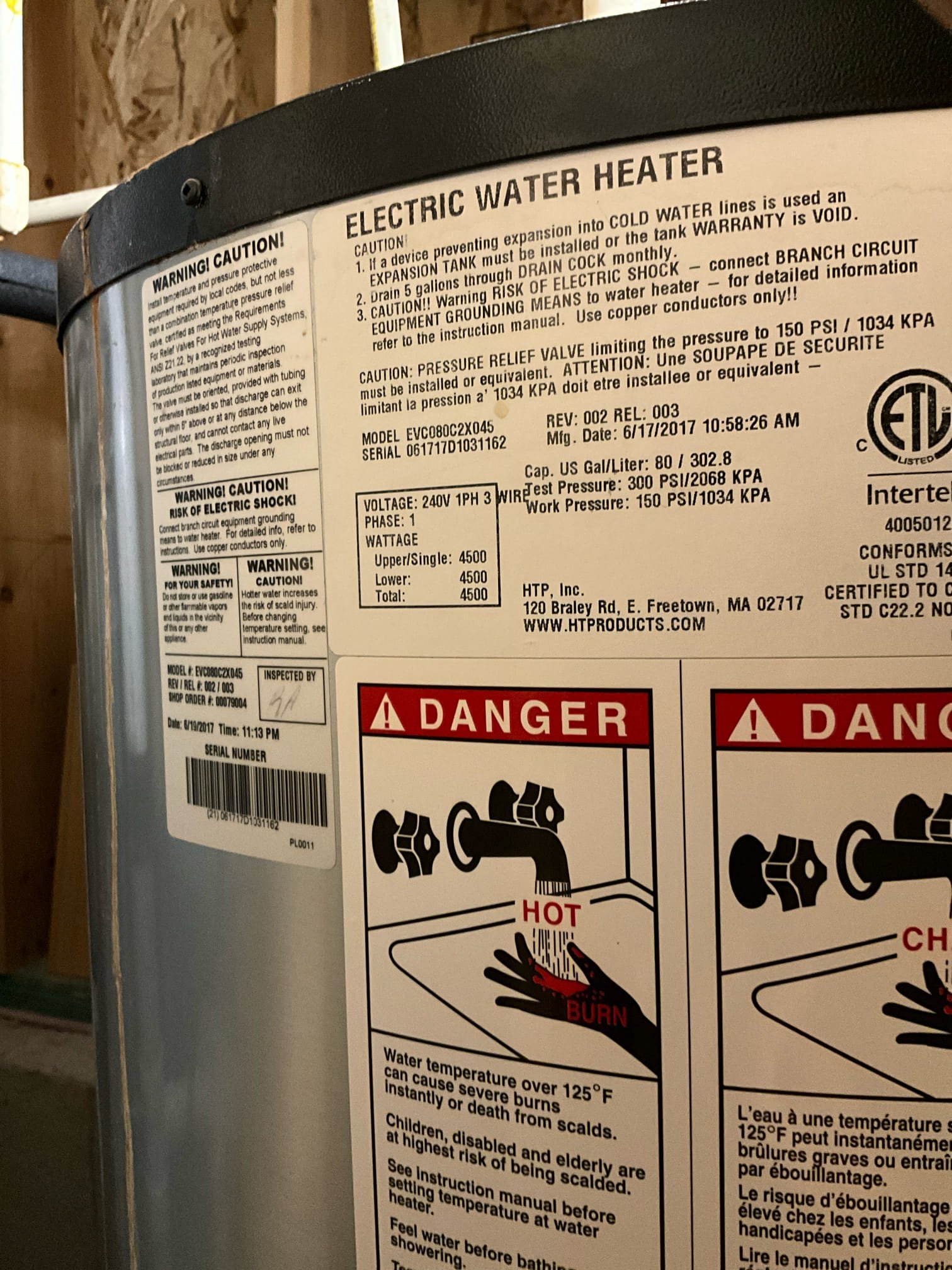 Call for water heater not producing hot water.

Arrived and met with Kelsey. She said the water heater stopped working in the last day. They tried resetting the breaker and switch and it had no effect.

Inspection: water pressure read ok at 60psi on a weekday midafternoon. Water heater is an 80 gallon electric unit. Unit is plumbed in for a recirculating pump, but no pump is present. When checking power I found breaker has not been tripped, and power was going to unit. However, there was a leak on the hot out nipple, and water has entered the electrical box. Water was inside, and wires have melted together.  Due to age of unit and risk of further electrical issues, Ms. Kelsey elected to replace the unit. As they have removed the tub from the master bathroom, and this is a three bathroom house with only Mr. And Mrs. Sanders living here, Kelsey asked if a smaller water heater would suffice. I discussed the possible shortcomings, including less available hot water and potential for longer