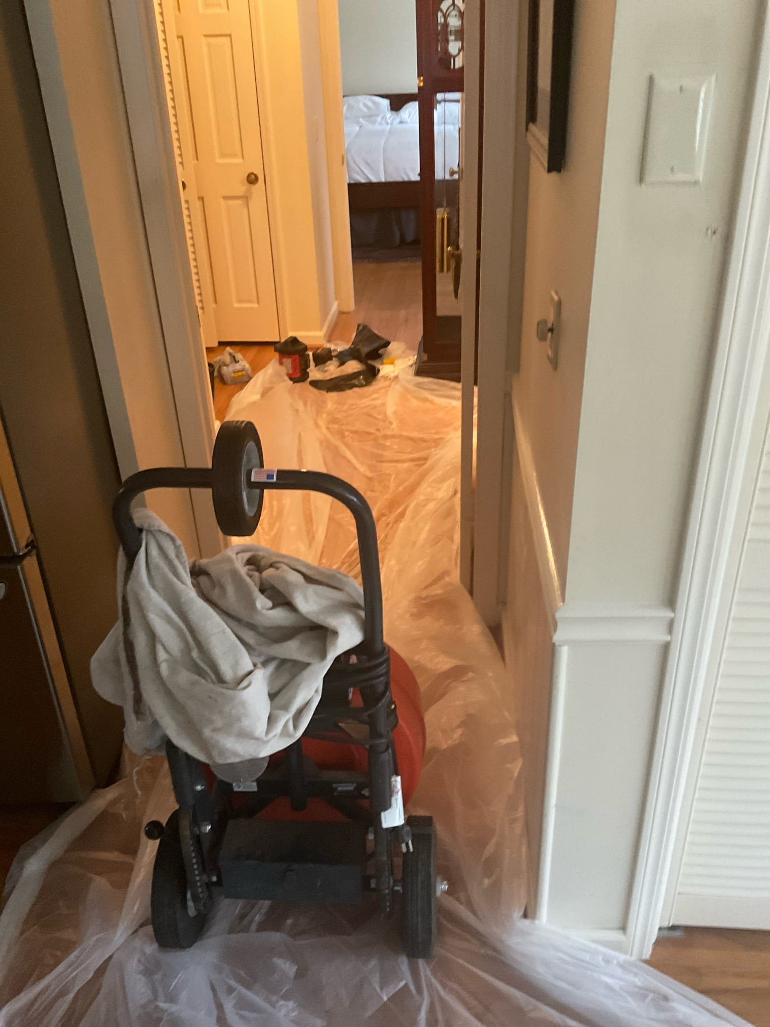 Today we arrived with main line blockage issue , we removed toilet in hallway , use 100 feet snake cleared blockage , after we cleared line , we did camera inspection found blockage was related to old cast iron pipe and customer flushed lots wipe down the line , pipe need replacement with pvc 