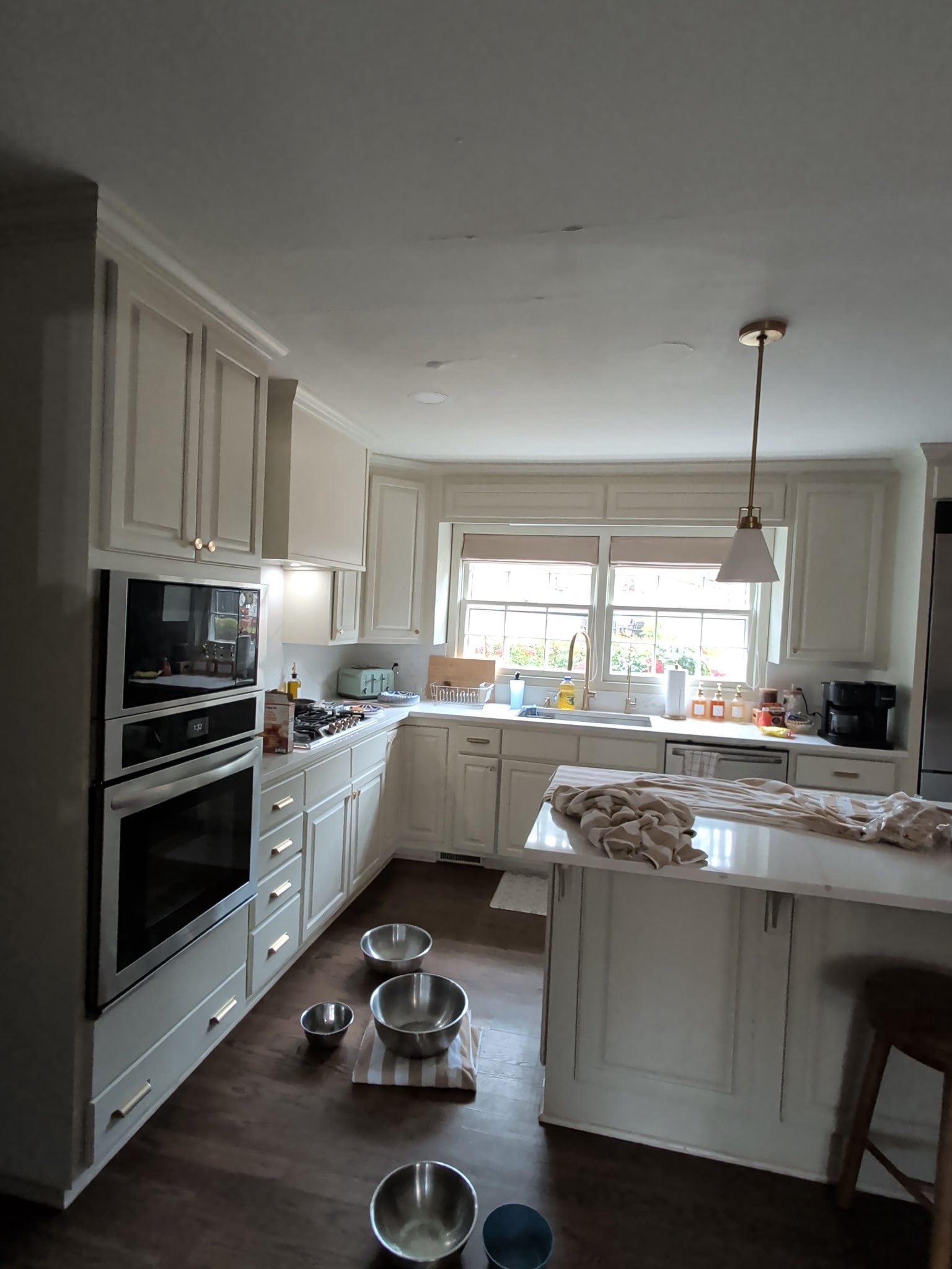 Problem today is with leak from master shower area down to kitchen ceiling, this is very large tiled shower area with tub inside the shower , I believe leak is related to tile or shower pan / liner issues , recommend customer call reliable restoration company to open the ceiling for further investigation.