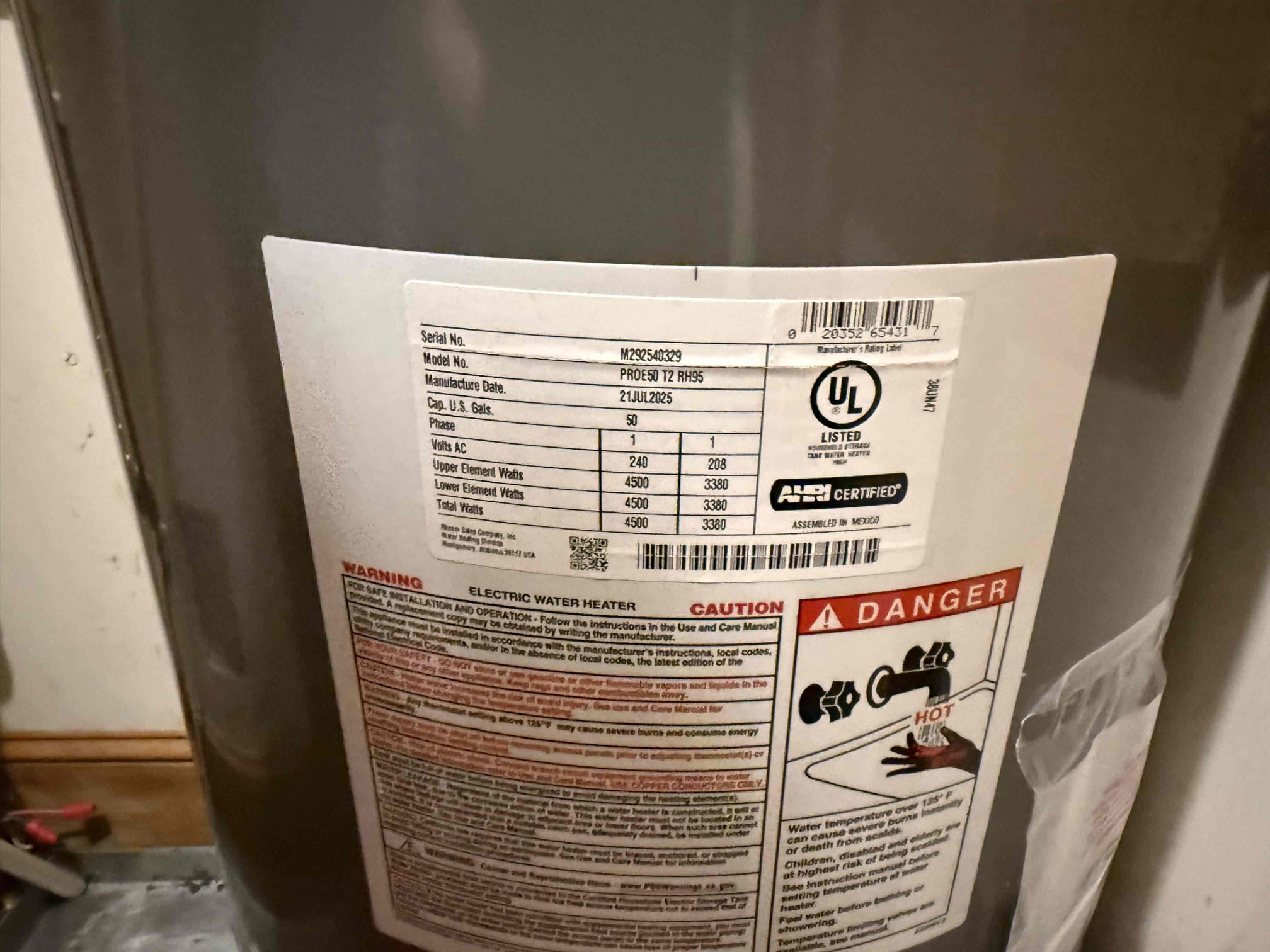 Returned to install new 50 gal electric water heater and disconnect steamer. Installed new water heater with new expansion tank, and a new shutoff. Removed old steamer and got rid of water line for the steamer. Turned water back on to check for leaks. Found no leaks. Water heater is heating and working properly. No leaks upon departure 