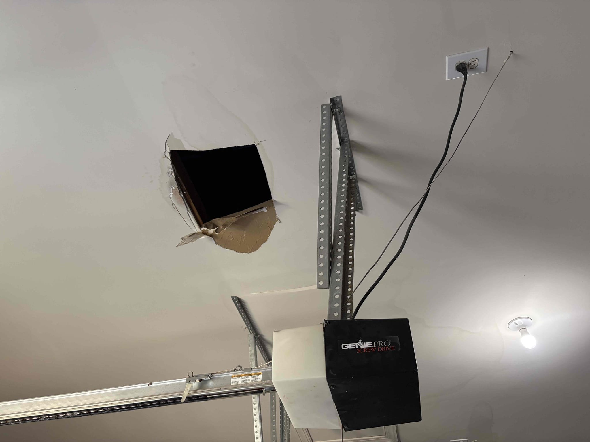 Came out today to cut hole in water stained Sheetrock ceiling in garage to see what is leaking. We cut a hole and found the majority of the stains are from roof leaks, and the other one would be from the bathroom that leaked upstairs. 