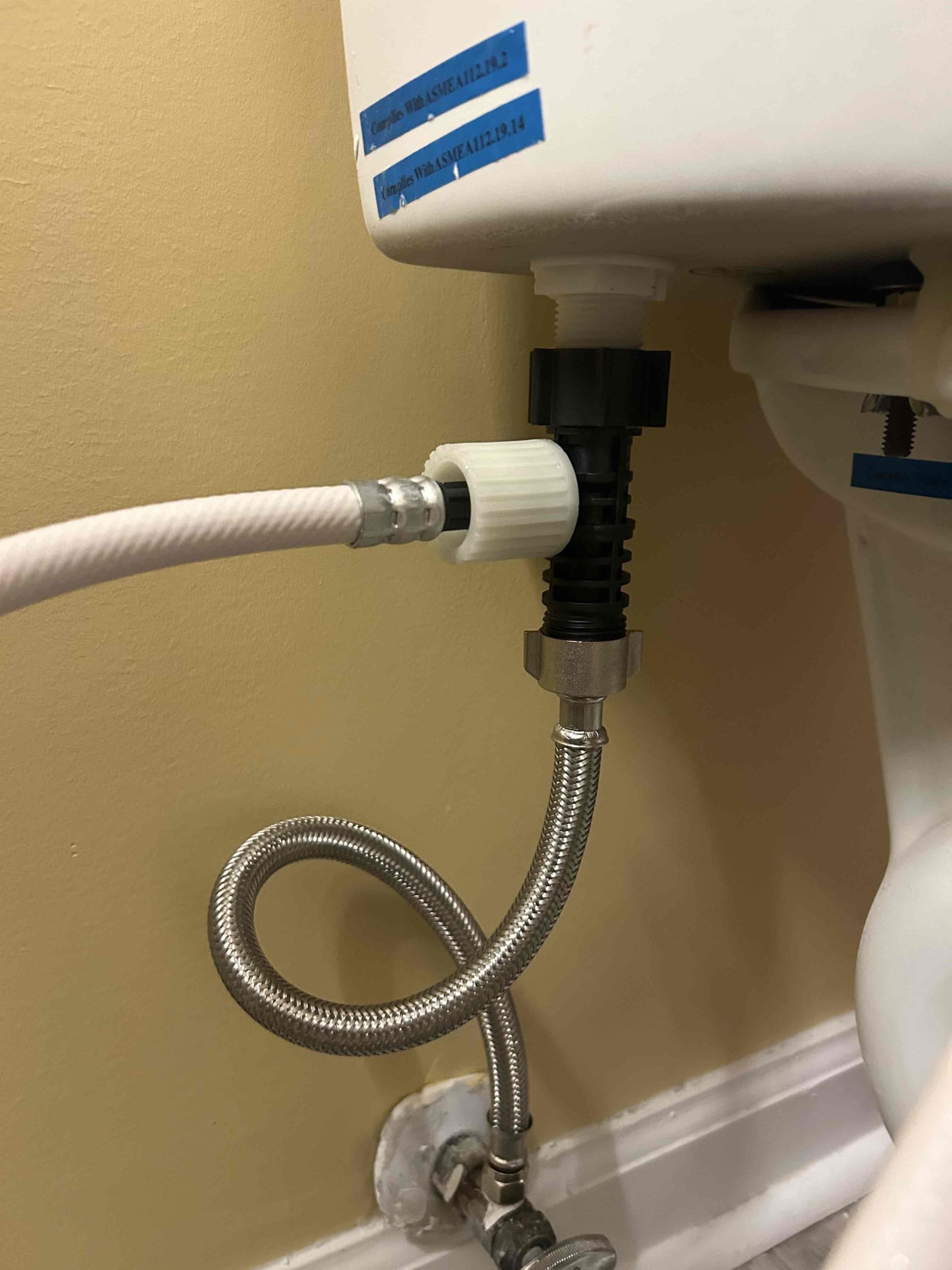 For this customer, she had purchased a bidet for us to install. She ordered the Toto wash bidet with the remote mounted to the toilet seat so I began work on installing the new toilet seat install a new braided steel supply line just so nothing would leak. the customer doesn’t have a individual shut off valve for the house the building has one. It has 8 to 10 different units so there is only one shut off valve for all of the units. However, the angle stop for the toilet did function properly. It did not leak so we were able to install the bidet with no hassle. Once everything was hooked up there are no leaks. The customer is pleased with the design and the way it looks so we’re all set. The water heater has some code violations that need to be rectified. However, at this time it’ll pose a problem. It was not able to check water pressure because it would be for the building not for the condo. No leaks at this time. 