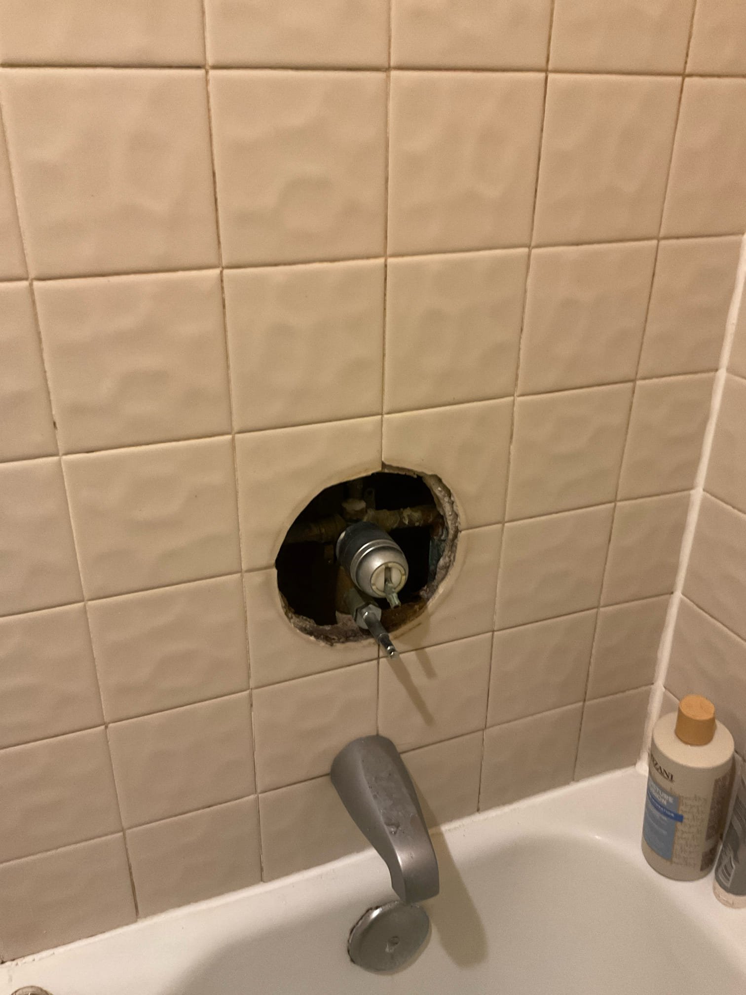 Customer stated that there was a leak coming from bathroom upstairs into bedroom down below. Went upstairs to bathroom and found that shower valve cover plate wasn’t properly secure to shower valve and also was missing a piece. Also noticed that hole cut for shower valve was too big for trim to cover, which may allow water to go through. Attempted to tying down, screws for cover plate, but shower valve is crossed threaded. Recommended to customer to have shower valve replaced. To get access to shower valve will either a have to remove vanity or be cut out a section of tile. Will send an estimates to do so. Also gave customer referral for drywall. Wasn’t able to put cover plate back onto the shower because of the stripped shower valve. Stated customer to best use a different shower in the house.

If any work is completed within the next 30 days, there will still be a $55 credit