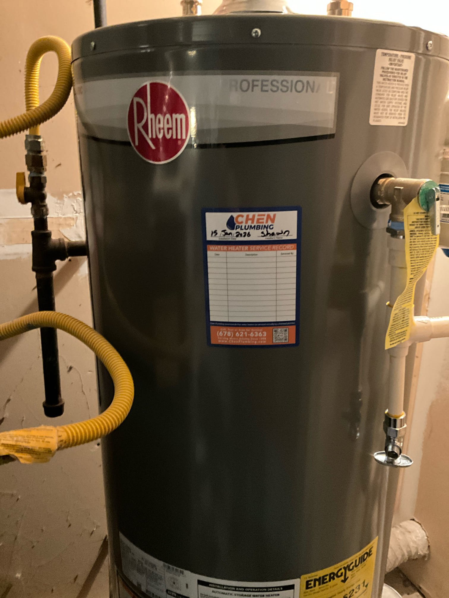 Return to install water heater.

Installed new 40 gallon tall gas water heater. This included a new shut off valve, thermal expansion tank and mounting bracket, drip pan, and gas line and components. Pressurized tank, lit unit and set to standard heat.

No other issues at this time.