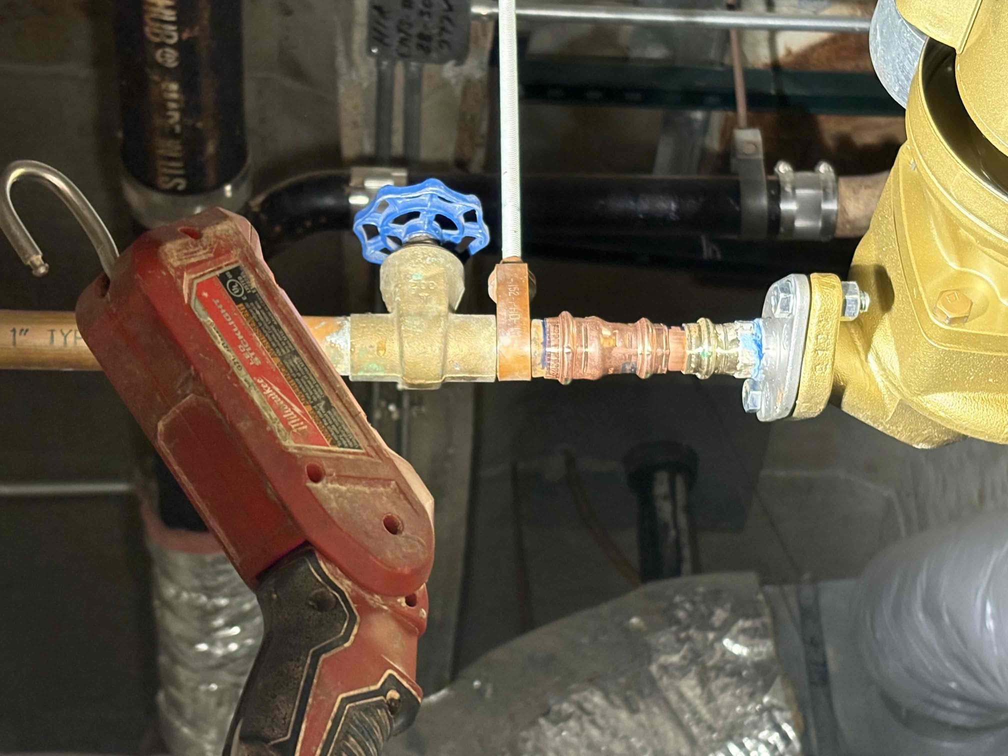 Came out today to replace the bell and gosset booster pump up in the ceiling that we had previously looked at. Client bought their own replacement booster pump and new unions. We removed the old pump and began to remove the unions. Got the first one off, and while trying to get off the 2nd, the old copper pipe pulled right out of the solder joint due to it being in the fitting only a quarter of the way. So, we ended up replacing that 1” ball valve with new propress ball valve, replaced the check valve with new spring check, then proceeded to pipe the rest of the pump in. Pump is supported by a clevis hanger and fastened to the concrete ceiling with all thread rod. Got air out and tested. After tightening up a small drip on the unit, we are good to go. 

1 yr labor warranty

Service fee is no longer waived for commercial work. 

Bill out. 