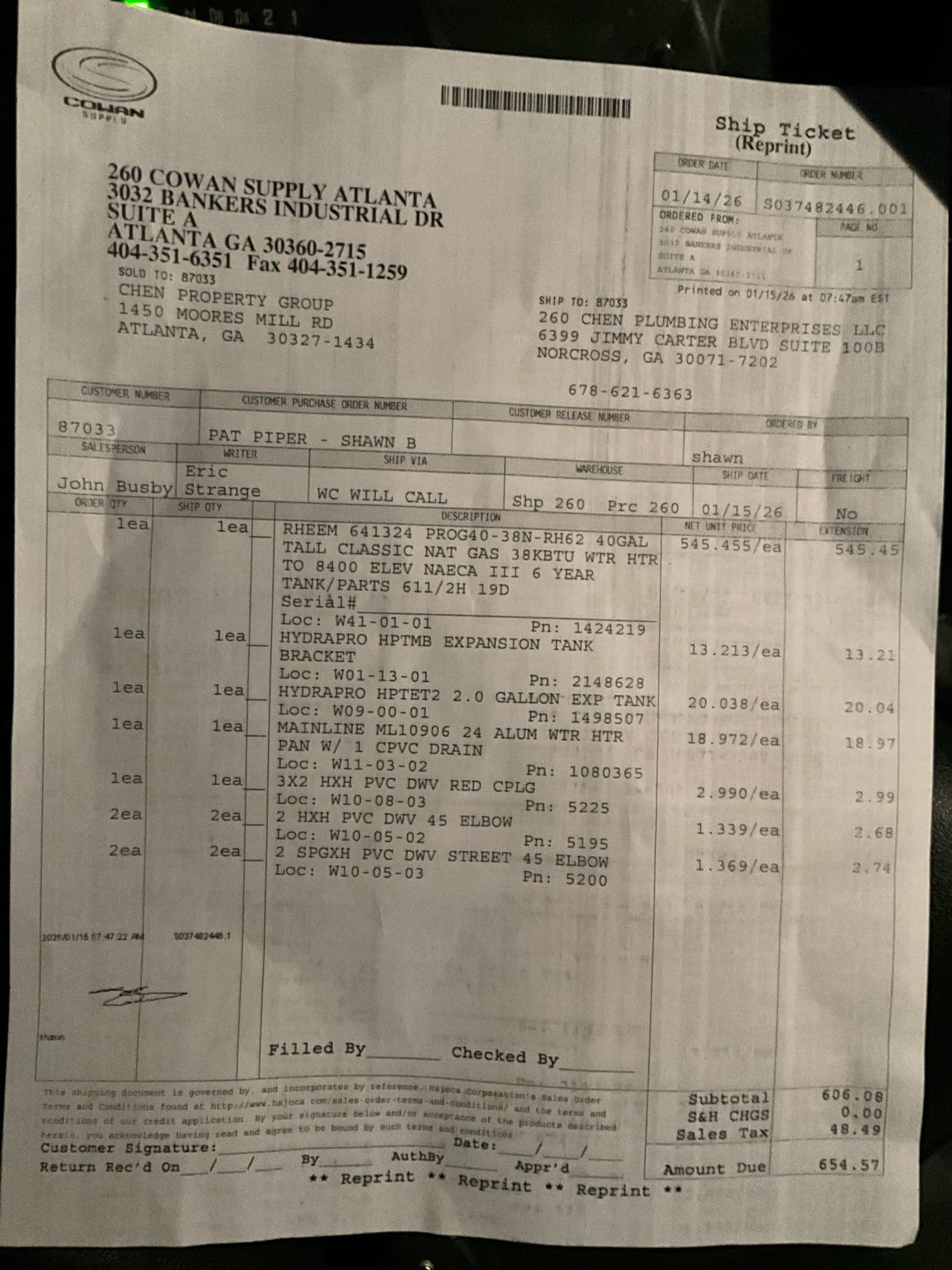 Return to install new water heater. 

Removed old unit, cleaned behind and under. Due to space constraints and restrictions we were unable to place a drip pan. The alterations needed to make it fit would render the drip pan useless. New ball valve installed, thermal expansion tank and mounting bracket installed. New gas sediment trap installed. Unit pressurized and lit. I set one mark below standard at Ms. Pat’s request. Cleaned site and made sure everything was working.

I discussed the benefits of our maintenance membership program, and ensured Ms. Pat is happy with all work today. 

Water to building did not have to be shut down today.