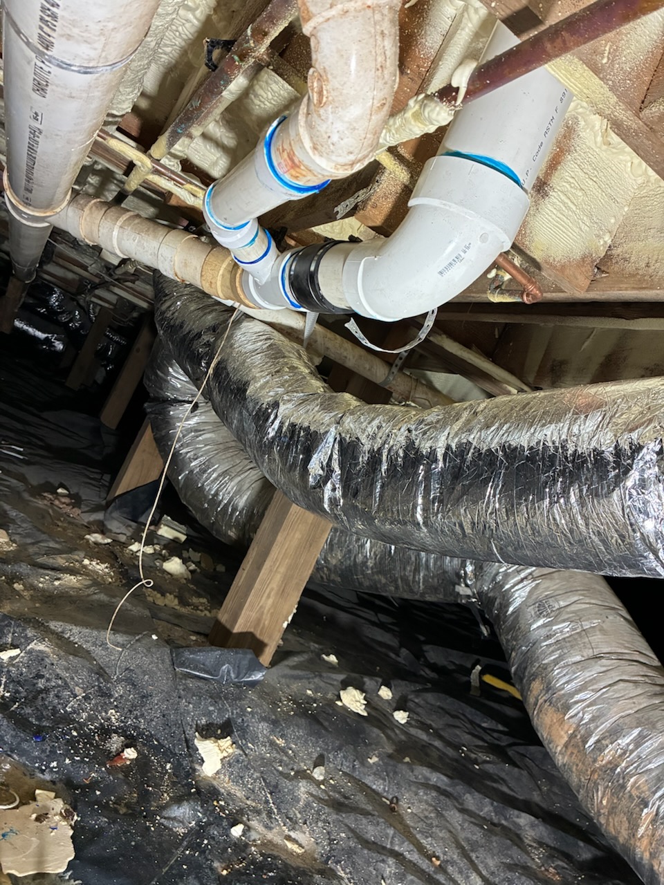 This is warranty call for fix the leak in crawl space under the toilet, tighten 3” fernoco fitting 