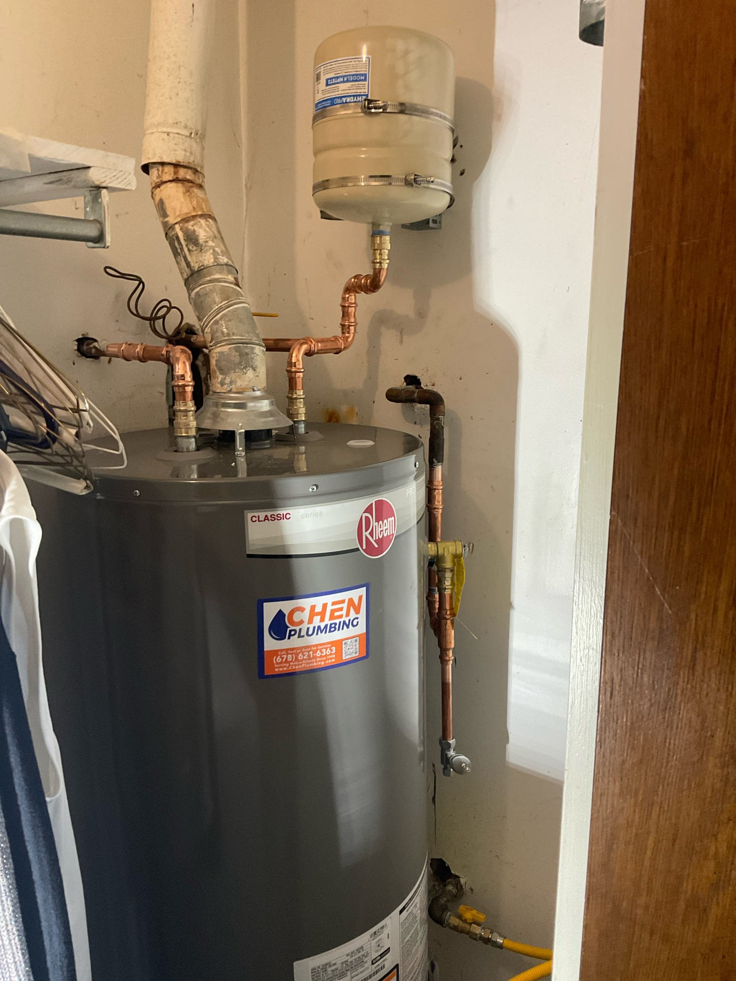 Replaced leaking water heater with 50 gas Rheem , expansion tank , new gas and water shut off valves installed ,  replaced main water shut off valve and Prv .