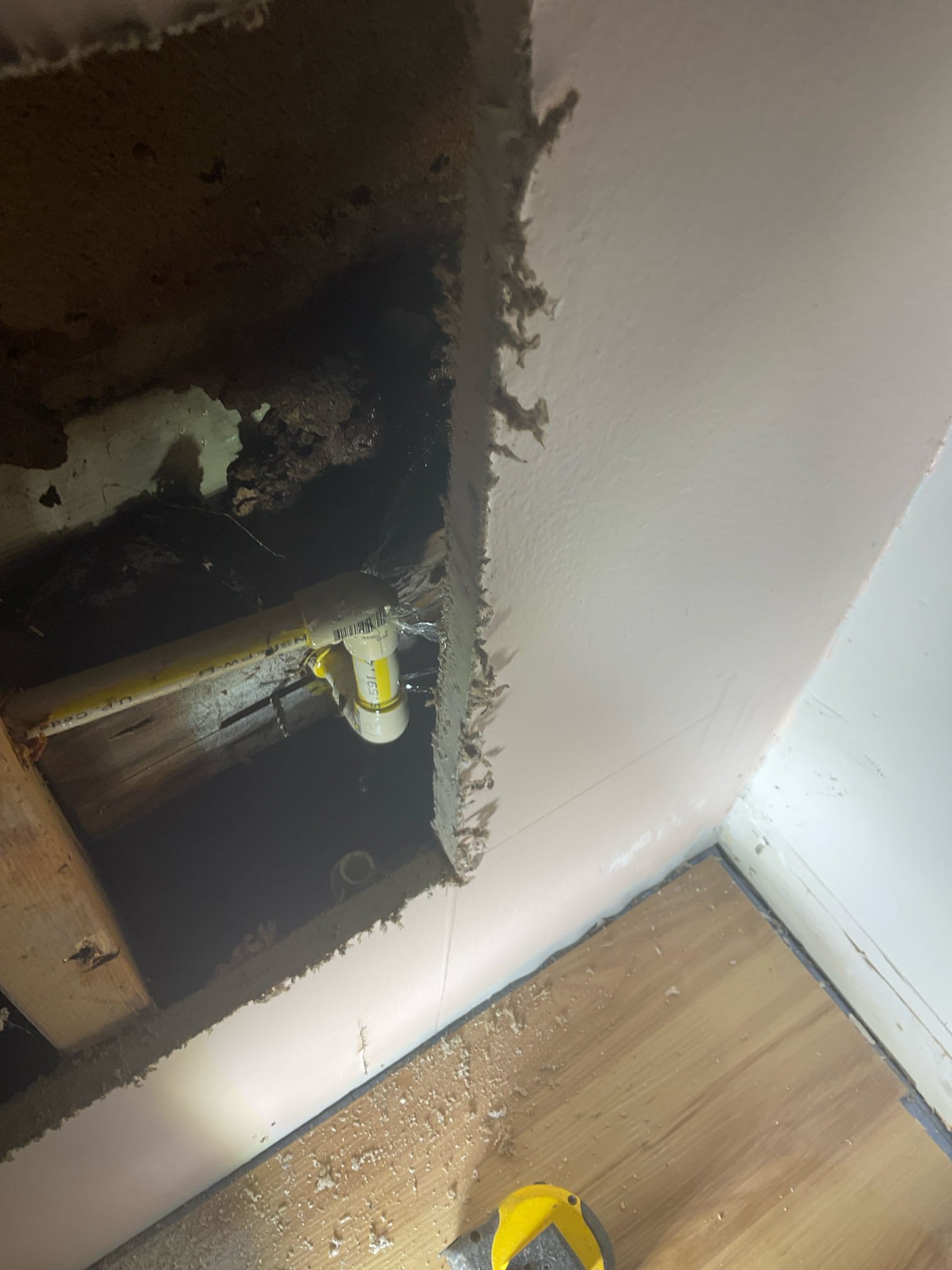 Opened wall , fixed busted CpVC pipe for front hose bib , new hose bib installed. 