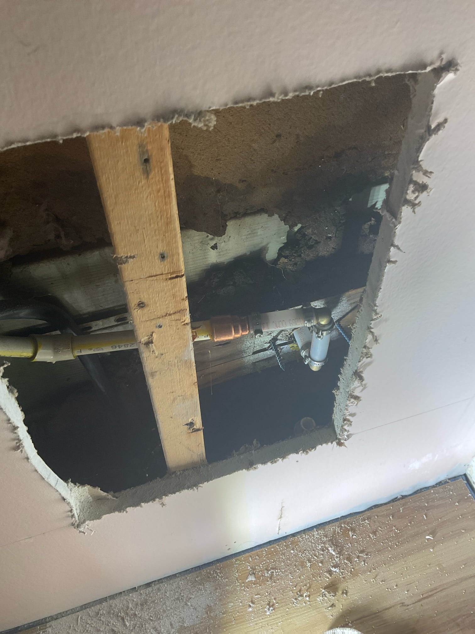 Opened wall , fixed busted CpVC pipe for front hose bib , new hose bib installed. 