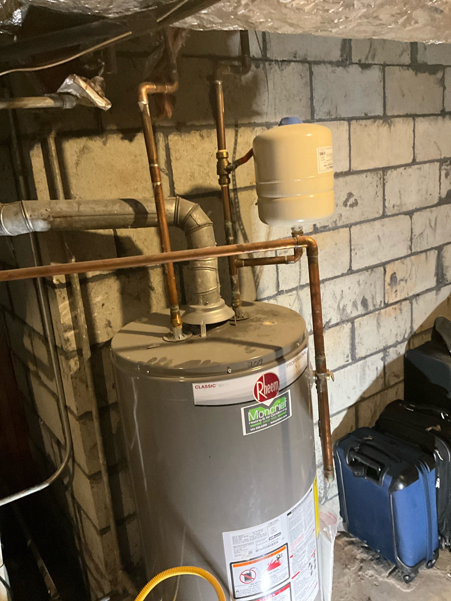 Call to provide estimate to cp gas line, and return to reinstall after floor work.

Capped gas line, relit water heater. Estimate provided to reinstall gas line after floor work is done. While on site I performed a water pressure test and found the pressure to be 70 psi mid morning, taken at water heater. The thermal expansion tank bladder is ruptured, and is no longer functioning correctly.

I discussed concerns with water pressure and the mainline, which is galvanized and original to the home. After providing options to address these concerns, Chris would like us to return Thursday to replace the water mainline. I will replace this and address the expansion tank at this time.