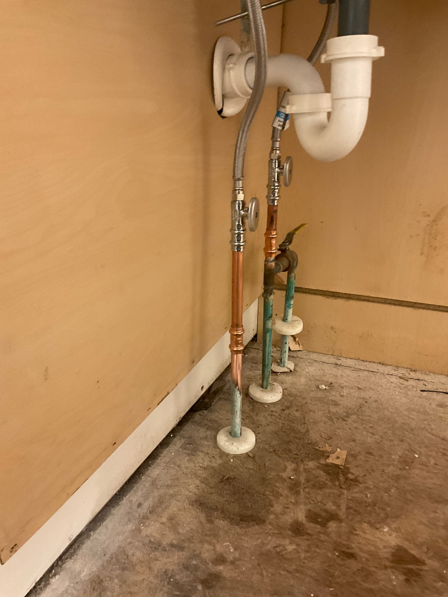Replaced three water stop valves , new supply line , installed customer supplied disposal with drain replumb to fit , new p trap and AAV installed under the kitchen sink