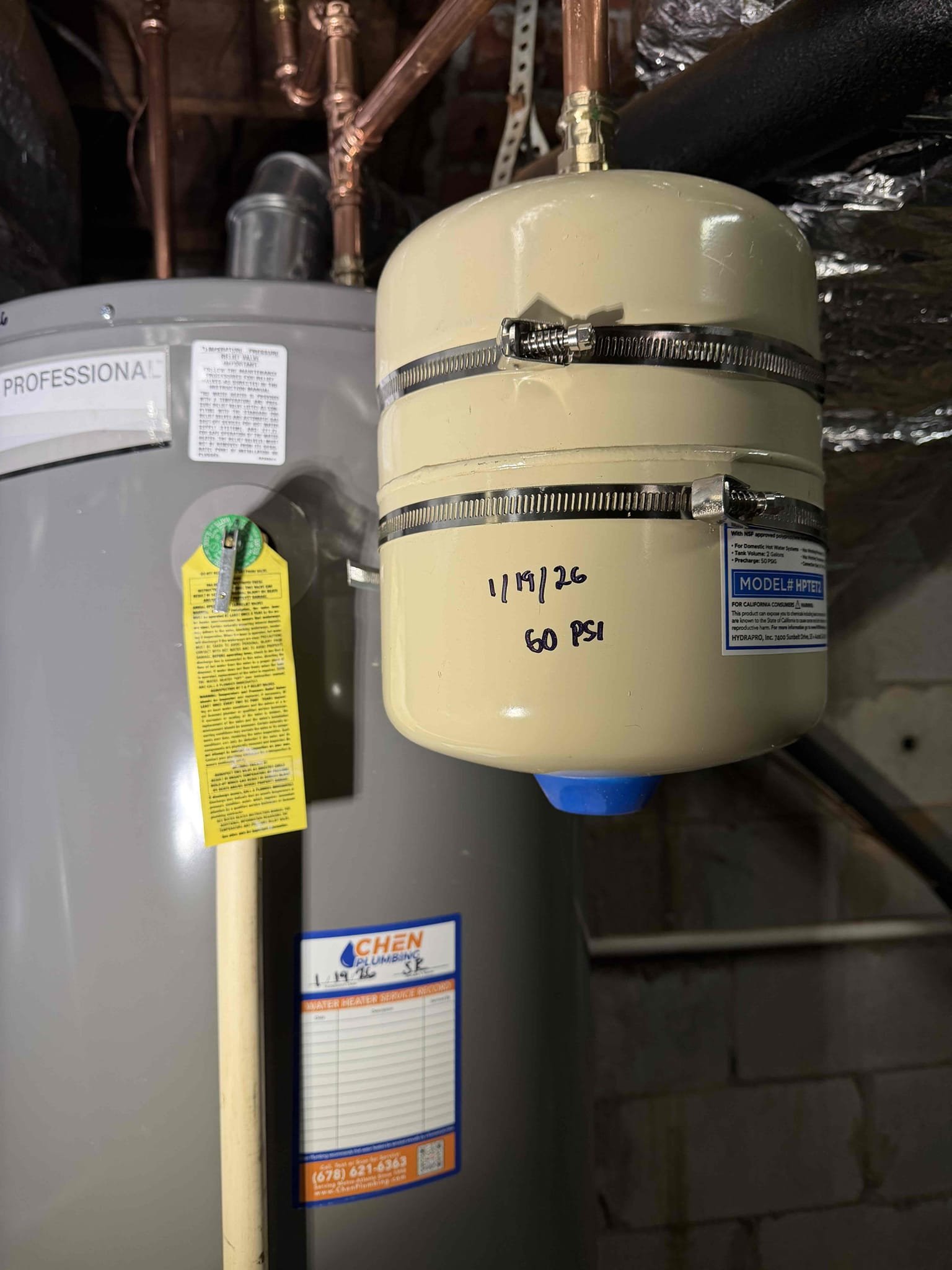 Remove existing water heater and haul away. Furnish and install new 40 gallon gas water heater with new tank shut off and thermal expansion tank with bracket. Also installed drip pan under heater.

Shut water off to home. Drain down existing heater and cut out and hauled away. Furnished and installed new 40 gallon gas water heater with new thermal expansion tank and tank shut off. Had to rework vent for proper fitment. Also wasn’t able to install drip pan under heater because of HVAC system in the way. Turned water back on and tested. No leaks were present at this time. Cleaned up work area.