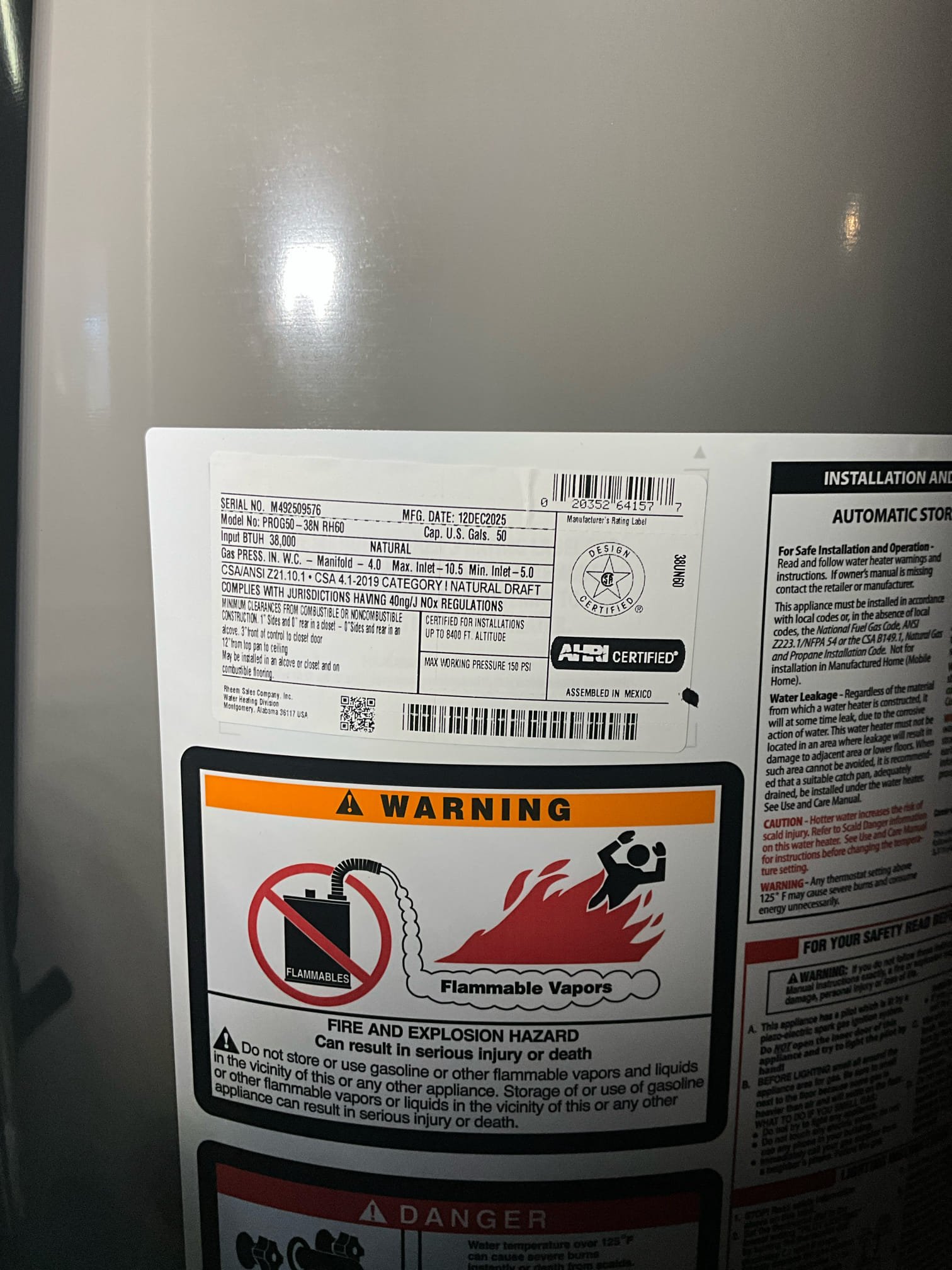 Return to install water heater and pressure regulating valve.

Removed old water heater and cleaned site. Installed new 50 gallon water heater, drip pan, thermal expansion tank, and shut off valve. Also added sediment trap to gas line. Replaced pressure regulating valve and installed new shut off valve for home, as original has seized. 

Spoke with Matt about care and maintenance of water heater. Discussed how to adjust heat on unit.  I also discussed the benefits of our maintenance agreement. 