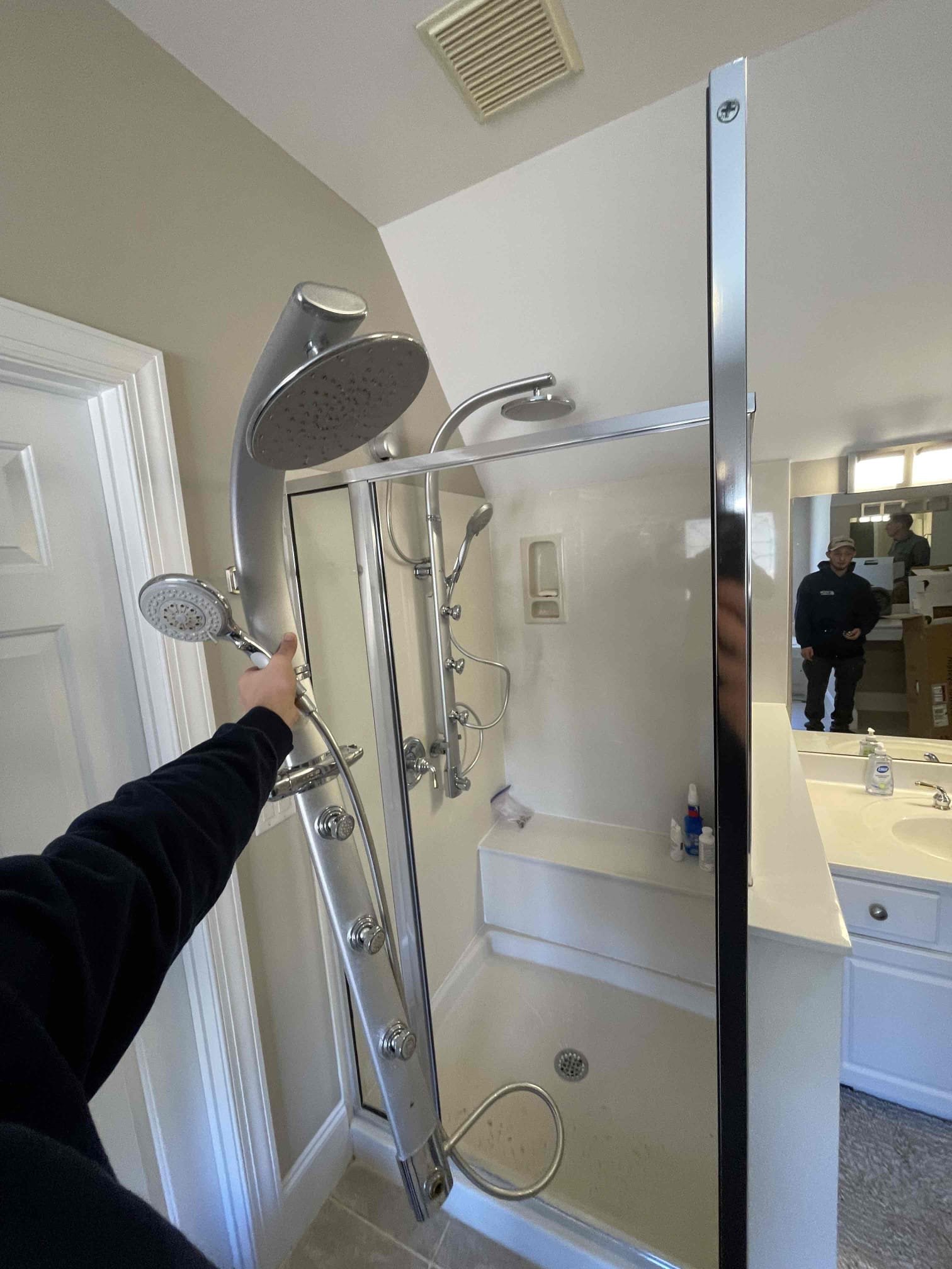 Customer had a replacement bonzai sprayer he wanted us to replace. Removed the old one and installed the provided model. Tested to ensure proper function. Located .15 gpm leak on water service outside foundation wall at a depth of 5’. Received approval to repair. Dug up line and took video of the pipe broken right inside the foundation penetration. Cut out the damaged section and bored a new hole through the concrete. Installed 1.5” pvc sleeve through the concrete. Ran 1” type L copper through the wall and attached back in to the 1” black poly water service. Reattached copper back inside the basement. Tested to ensure no other leaks were present on the line. Sealed inside and outside of new and old penetration with hydraulic cement and spray foam. Purchased 150 pounds of sand to bed the pipe with to avoid a sinkhole putting stress on the repair due to how muddy the ground was. No further issue at this time. 1 year warranty on repaired section. Thank you for choosing Chen Plumbing. 