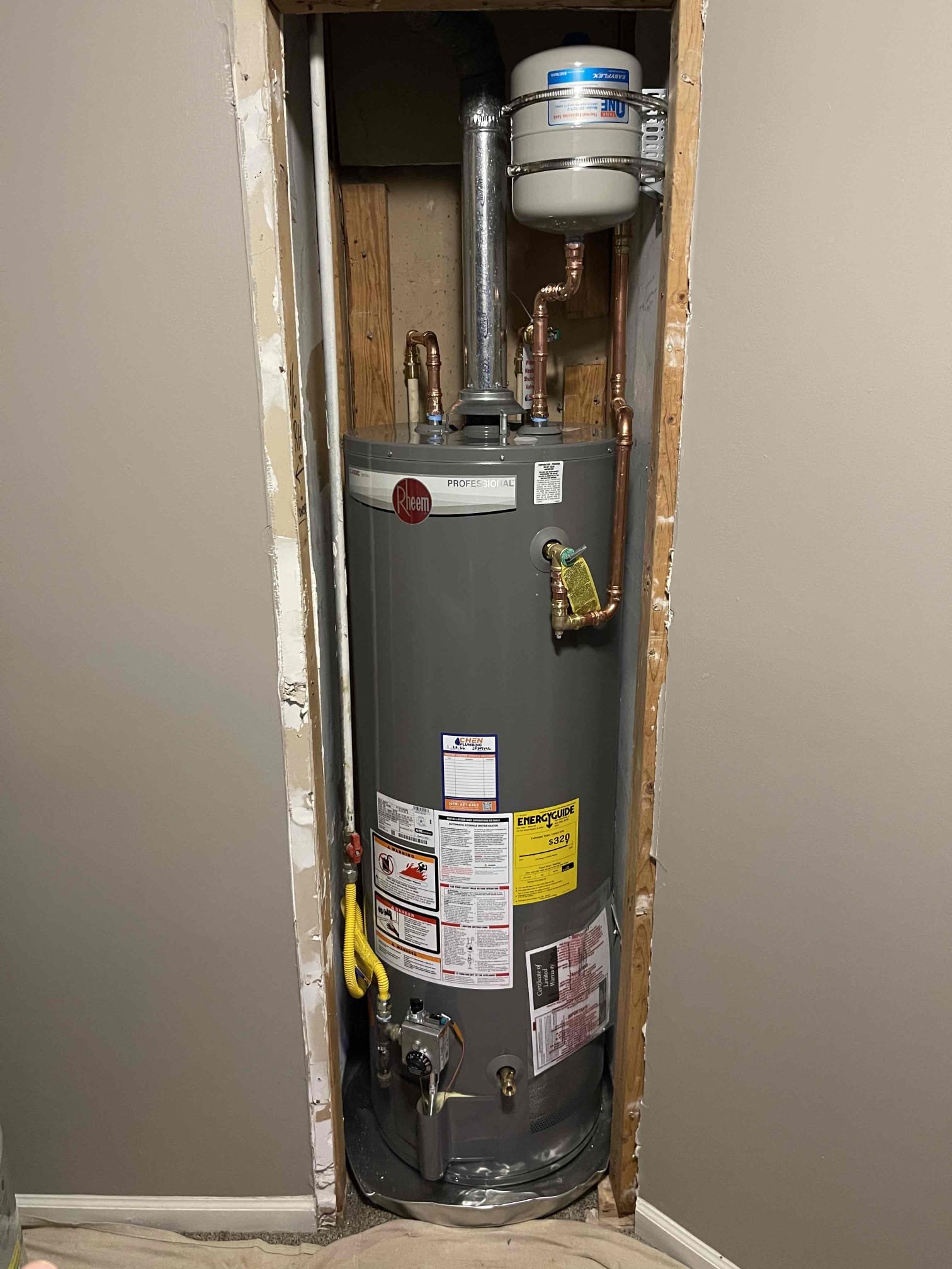 Came out for a water heater the 5em
Lot light was not staying lit. Water heater was 8-9 years. Received approval to replace the tank. Installed new Rheem 50 gallon gas after heater. Installed new expansion tank set to 75 psi. Tested to ensure proper function and a leak free install. No further issue at this time. 