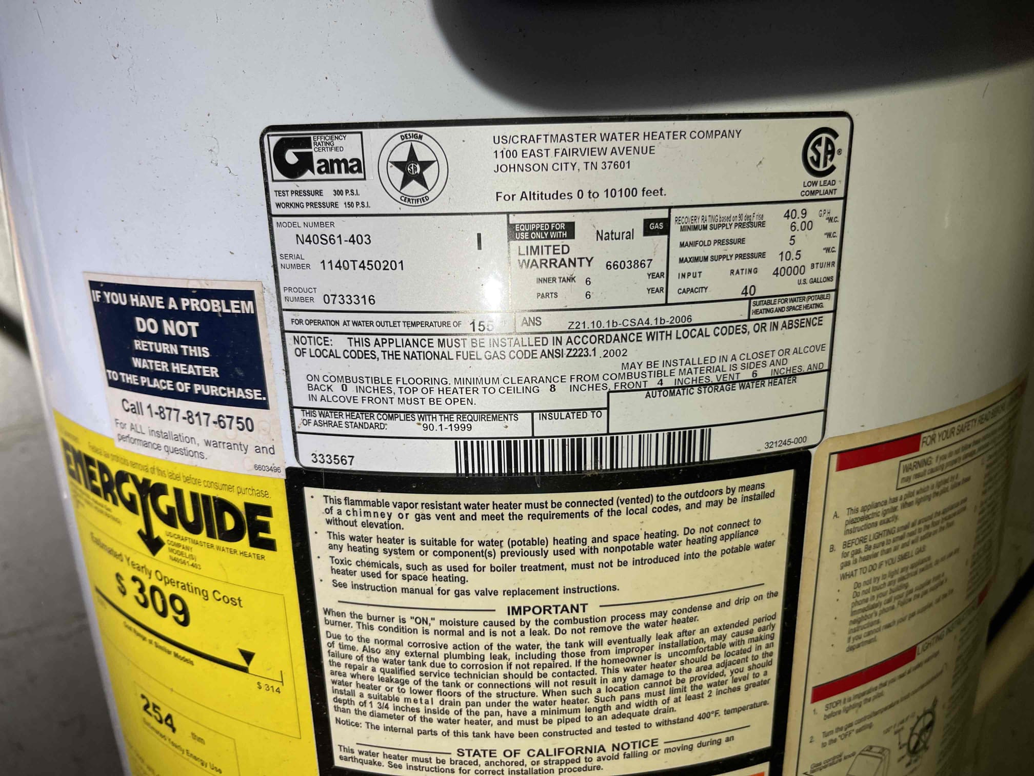 Left quote to replace failed water heater. Could relight pilot but the burner would not come on. Water heater is from 2011. Also found on in drain was leaking while we were in the crawlspace. Left quote for that as well. 