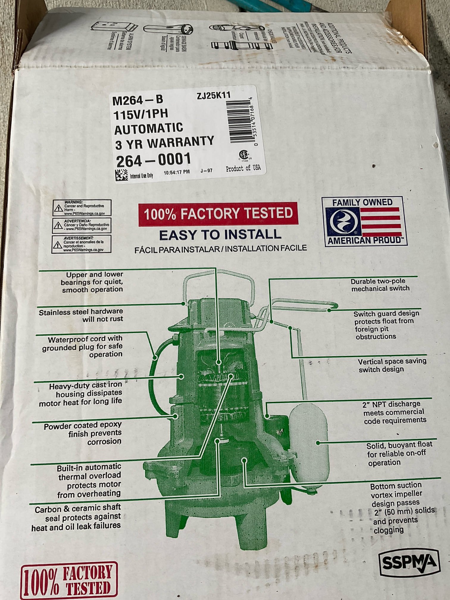 Replaced basement sewerage ejector pump with a new Zoeller M264 pump , we also installed a new basin lid as well 