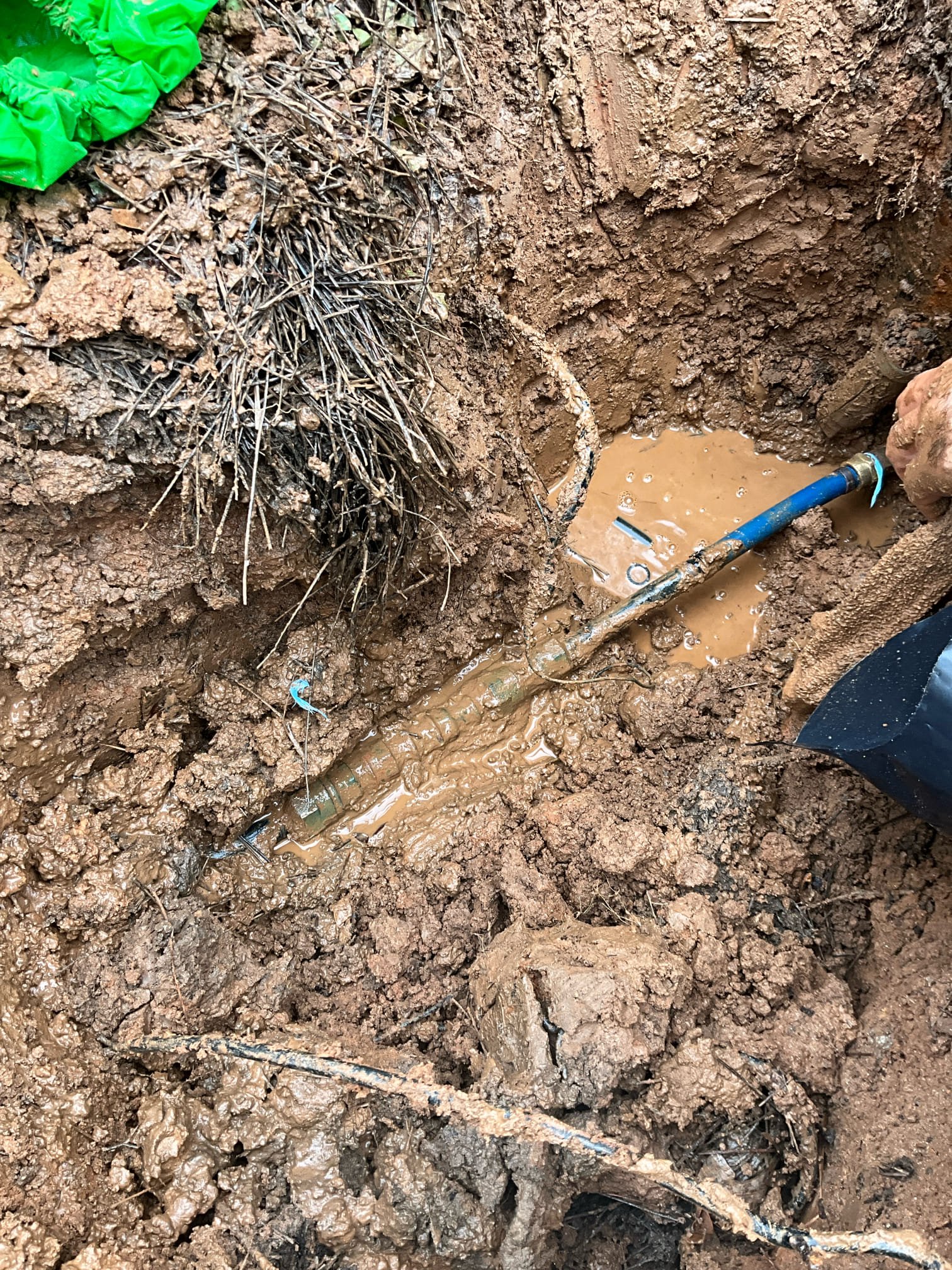 Call for water leak near meter.

Arrived and met with Christopher. He states that the water bill was several thousand gallons over normal use, and the streamlabs external monitor did not detect unusual flow inside the home. 

There is standing water at the water meter.

I dug up near water meter and found a sharkbite fittings in the ground. Sharkbite compression collar was not wrapped, and has subsequently fractured. Removed sharkbite and section of pipe, installed correct fittings and pressurized home. Showed Christopher the other work that has been done, and recommend replacing waterline when feasible to reduce risk of multiple repairs failing. 

While on site we also discussed home water filtration, and I am providing an estimate for a Halo carbon whole house water filtration system, as well as the waterline replacement. For the whole house water filtration estimate, it is a general estimate which includes the cost to cut drywall and reroute (if required, if not this will be removed
