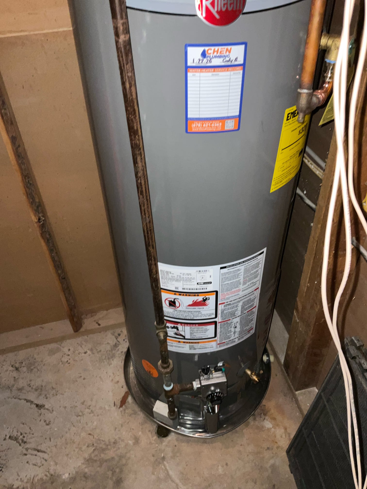 Customer had a water heater leaking in her basement. Removed the old heater and installed a new 50 gallon gas water heater. Reconnected to existing water, gas, and vent piping with a new shutoff, thermal expansion tank, and drip pan. No leaks were found on new work. New heater lit up and is functioning well. 