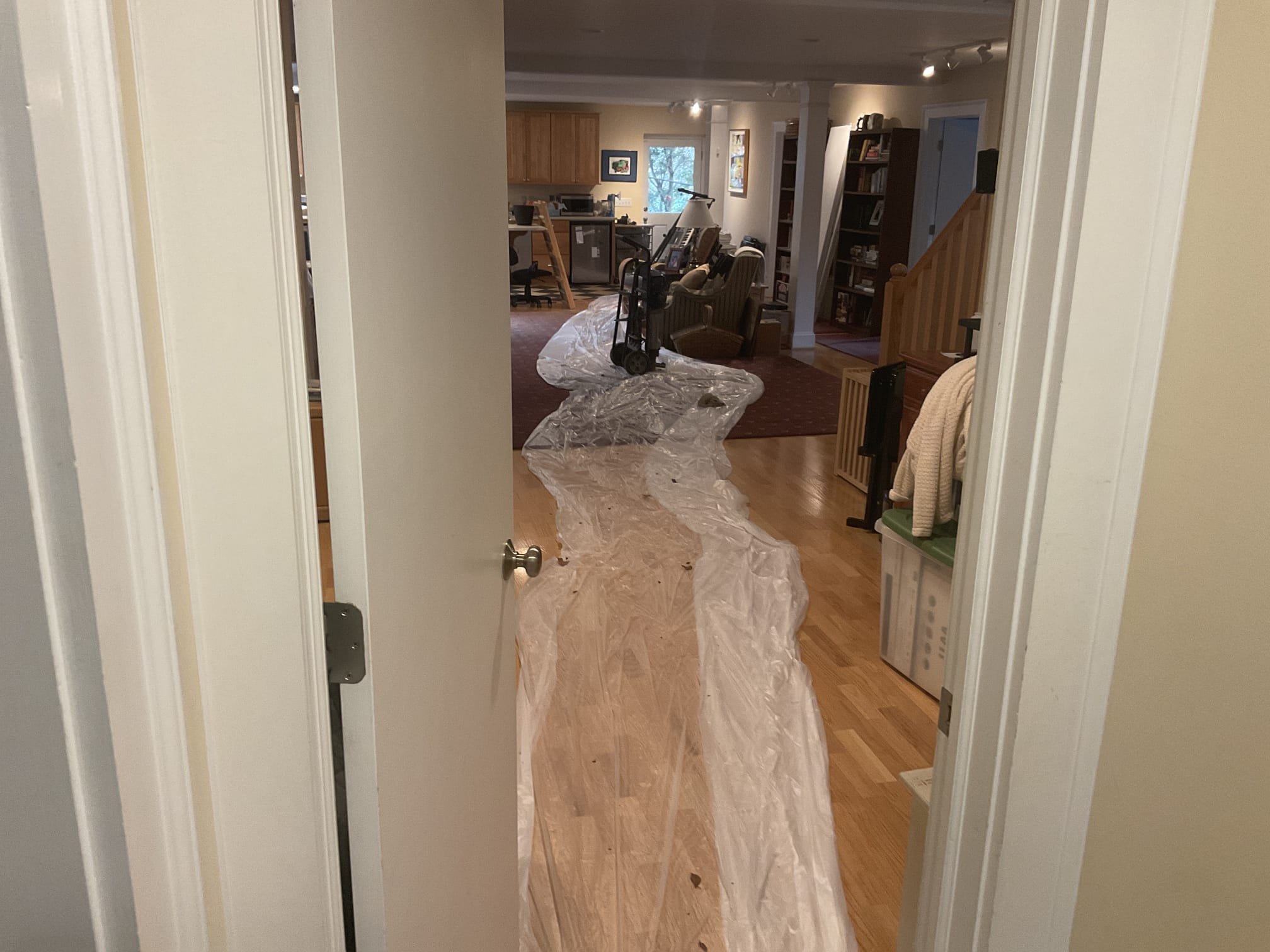 Reroute the drain for washing machine and laundry sink in basement ceiling, then ran down from closet , break concrete floor connect to the pipe in slab , add a clean out inside the closet . Fixed concrete back 