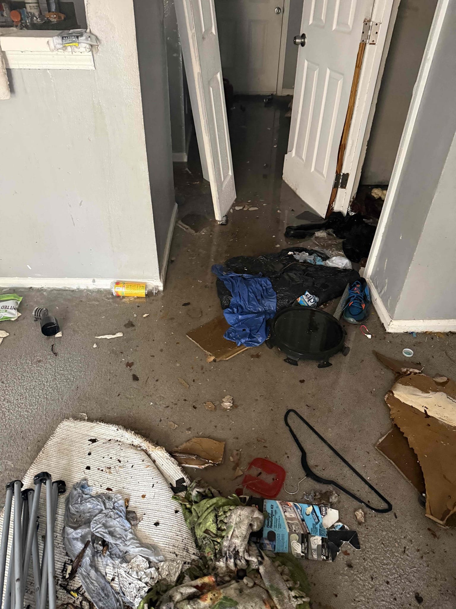 Busted pipe upon arrival. Customer stated the water is running constantly. After going in house found a half inch copper line cut and constantly spraying at full pressure, since there is no shutoff for this individual unit informed customer we could cut the line live and install a new ball valve. Gave customer estimate, customer approved estimate. Installed new half inch ball valve and shut it off to stop the leak. Also shutoff water heater because it was leaking as well. The leak is now stopped but the house is under 2 inches of water across the floor. There is also no heat or electricity in the house so more leaks may come if the temperature gets low enough. 