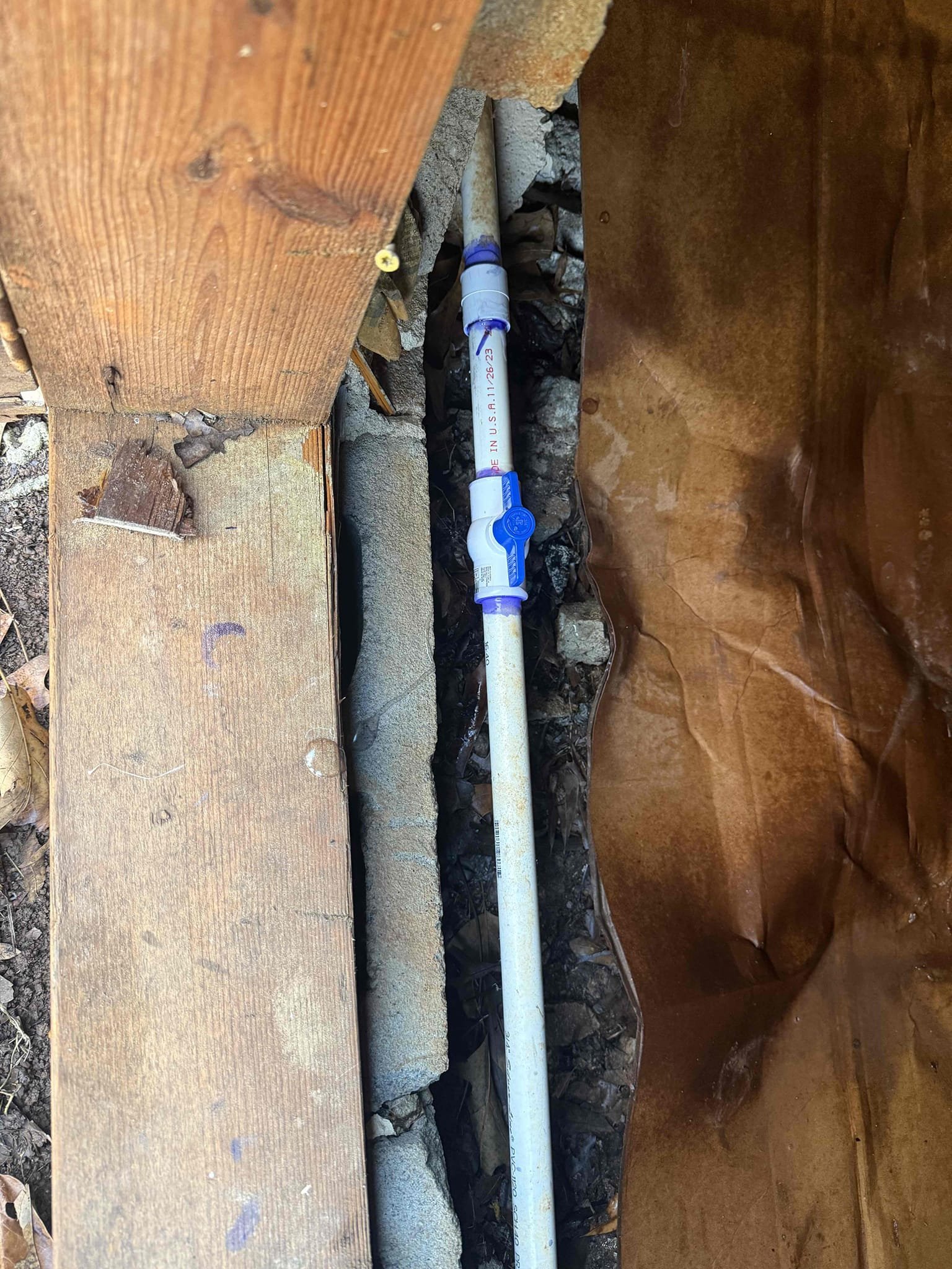 Water line leaking in crawlspace upon arrival. Customer stated that he could hear the water running in the crawl space. After looking found 3/4 pvc cracked and leaking at a ball valve. Informed customer we could repair the line and add another ball valve. Gave customer estimate, customer approved estimate. Repaired section of pipe and installed a new ball valve. Turned water back on to check for leaks and found no leaks. Left ball valve off because the previous one was off. No leaks upon departure 