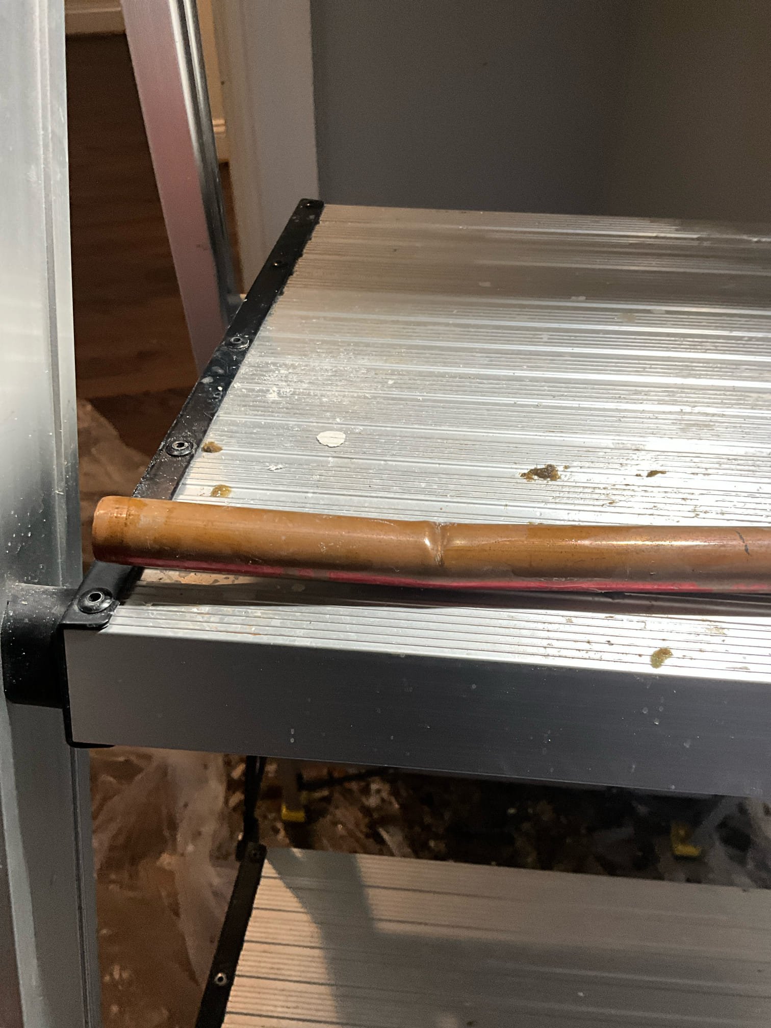 Call for water pouring from ceiling in master bedroom.

Arrived and met with John. He stated that the water has been off approximately two hours after they discovered water pouring through ceiling in the master bedroom. Water has saturated basement, and walls and floor in master bedroom. When I cut drywall, I found two half inch copper pipes have frozen and burst in the ceiling. Cut out both burst sections and replaced with new pipe.

I also installed a Moen Flo automatic leak detection device on the main line in the basement. I left the unit unplugged, and ready for set up. App info and serial number card left with John. I wrote some notes for questions during setup on the back of one of these cards. 

Cleaned work space and recommended reliable restoration be contacted for assistance with restorative work. 