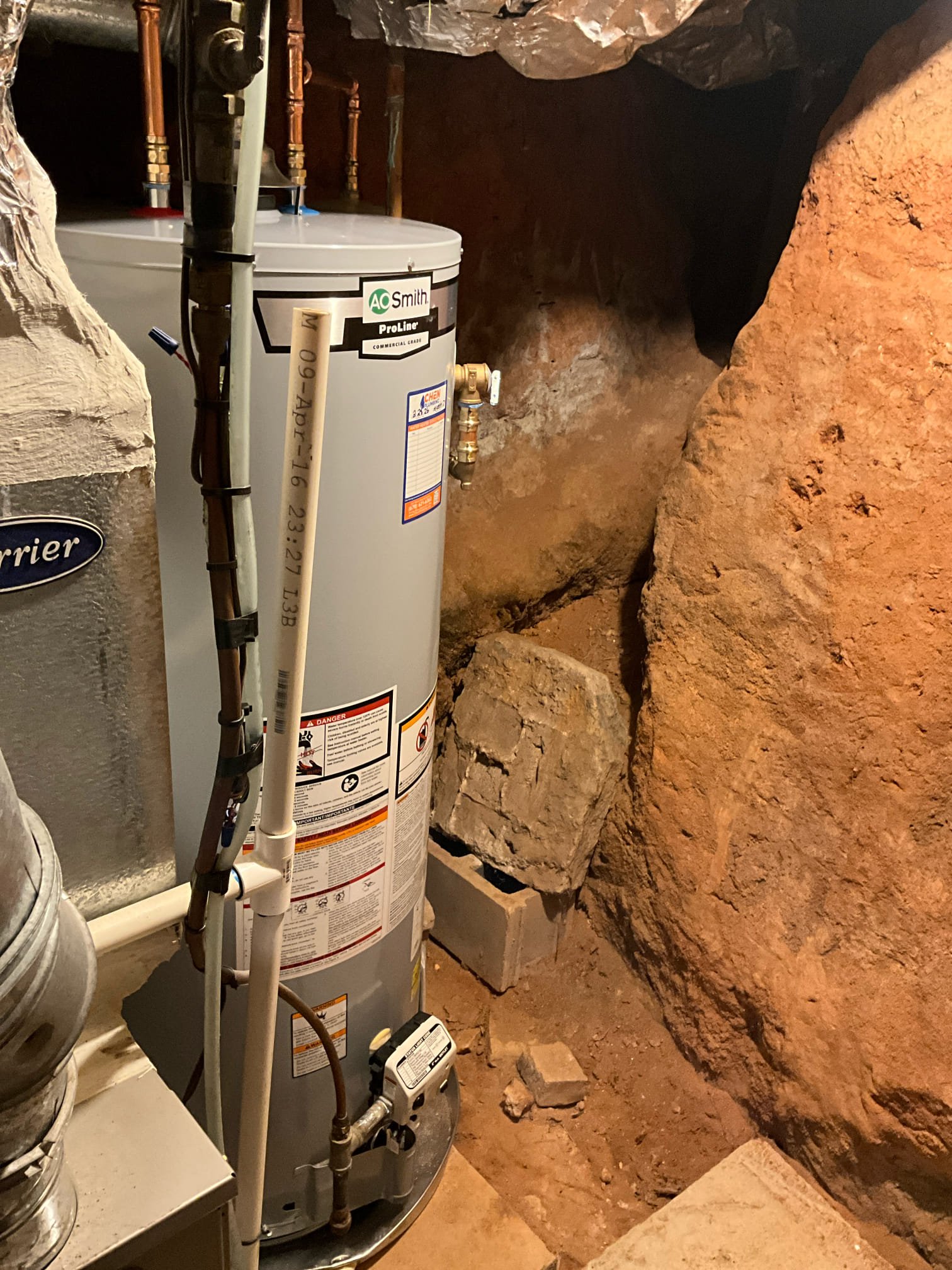 Returned and installed customer supplied shower valve and trim. Also provided and installed new 50 gallon gas heater in the basement. Installed a new thermal expansion tank, drip pan, and shutoff. Customer requested not putting a repair plate to cover the hole behind the sinew shower valve. Customer wants to do the tile differently. Asked for a heavy silicone seal as a temporary stop gap until the tile can be done. Tested all work to ensure proper function and no leaks. None were found. Shower needs 24 hours to dry. The water heater doesn’t see, to be venting well. Checked the branch line for the heater itself and it has positive slope. Recommended having an hvac company check the larger diameter venting for any possible obstruction or slope issue.