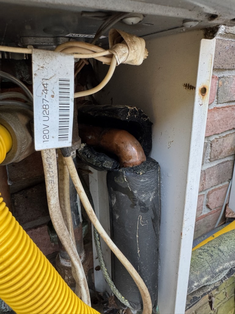 This customer he had a pipe on his water heater tankless outside units. He has two eyes outside. They are from 2007. I strongly recommend he replaced both units due to the fact of how old they are. They are almost 20 years old however they still work would I recommend is to swap them out for either a navien or a Rianni, however, the customer just wanted the pipe fixed at this time the hot and cold cold water lines had popped and split so therefore I installed a new section of pipe on hot and cold lines had to bend back the cover just a tad, the customer was OK with it. I was able to put the screws back for the skirt. In addition to that I reformed the installation of the pipes to ensure that it would not happen again at this time. Water is back on the unit, so is the gas tested the tankless before we had left to ensure that the unit was still working at this time, there are no leaks. Water pressure is at 55 psi