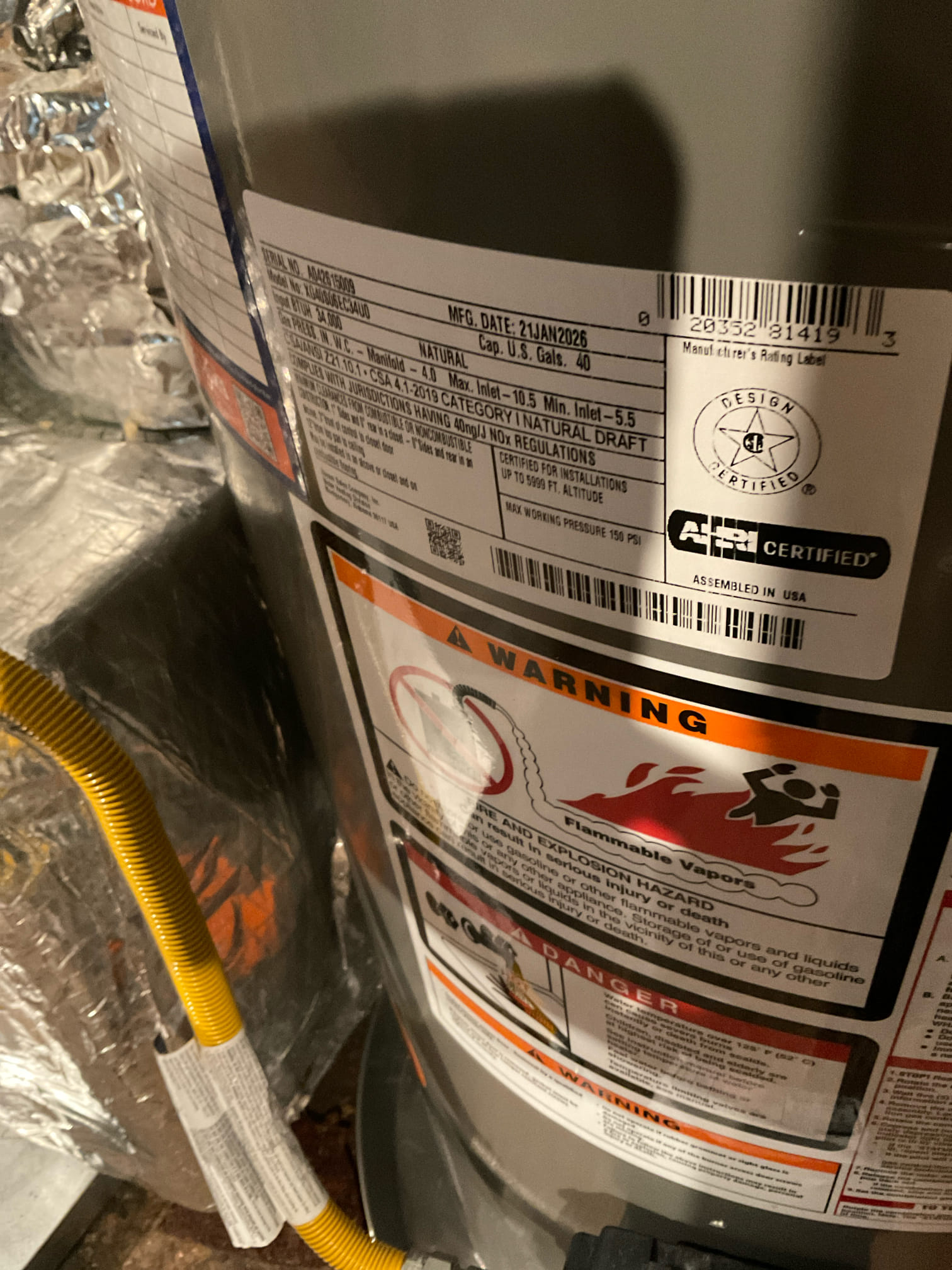 Remove existing water heater and haul away. Furnish and install new 40 gallon gas short water heater with new thermal expansion tank and tank shut off. Also rework vent. Install new hose bib and new line for hose bib with new shutoff valve.

Installed 40 gallon gas water heater and corrected vent. Tested no leaks were present at this time and water heater was working properly. Cleaned up work area. Also found leak on cast-iron piping and will send Customer estimate to get that taken care of as well.