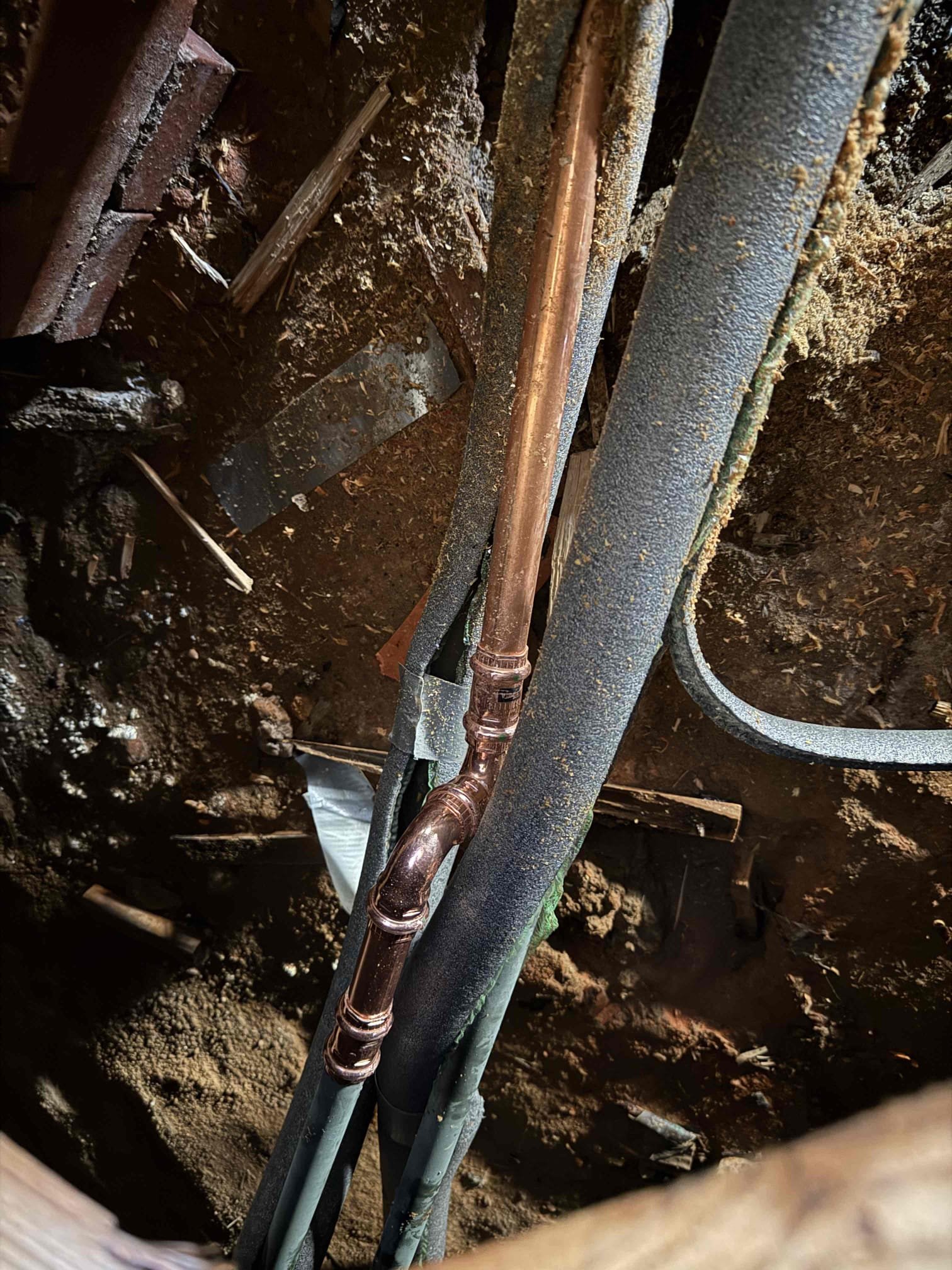 Water leak in crawlspace upon arrival. Customer stated he heard water spraying and saw that it was leaking in the crawlspace. After crawling in the crawlspace found 3/4 copper line leaking but no way to access due to how small the crawlspace was. Informed customer we would need to cut the floor above to access it. Gave customer estimate, customer approved estimate. Cut out busted shark bite fitting and replaced that section of copper. Turned water back on to check for leaks. Found no leaks. No leaks upon departure 