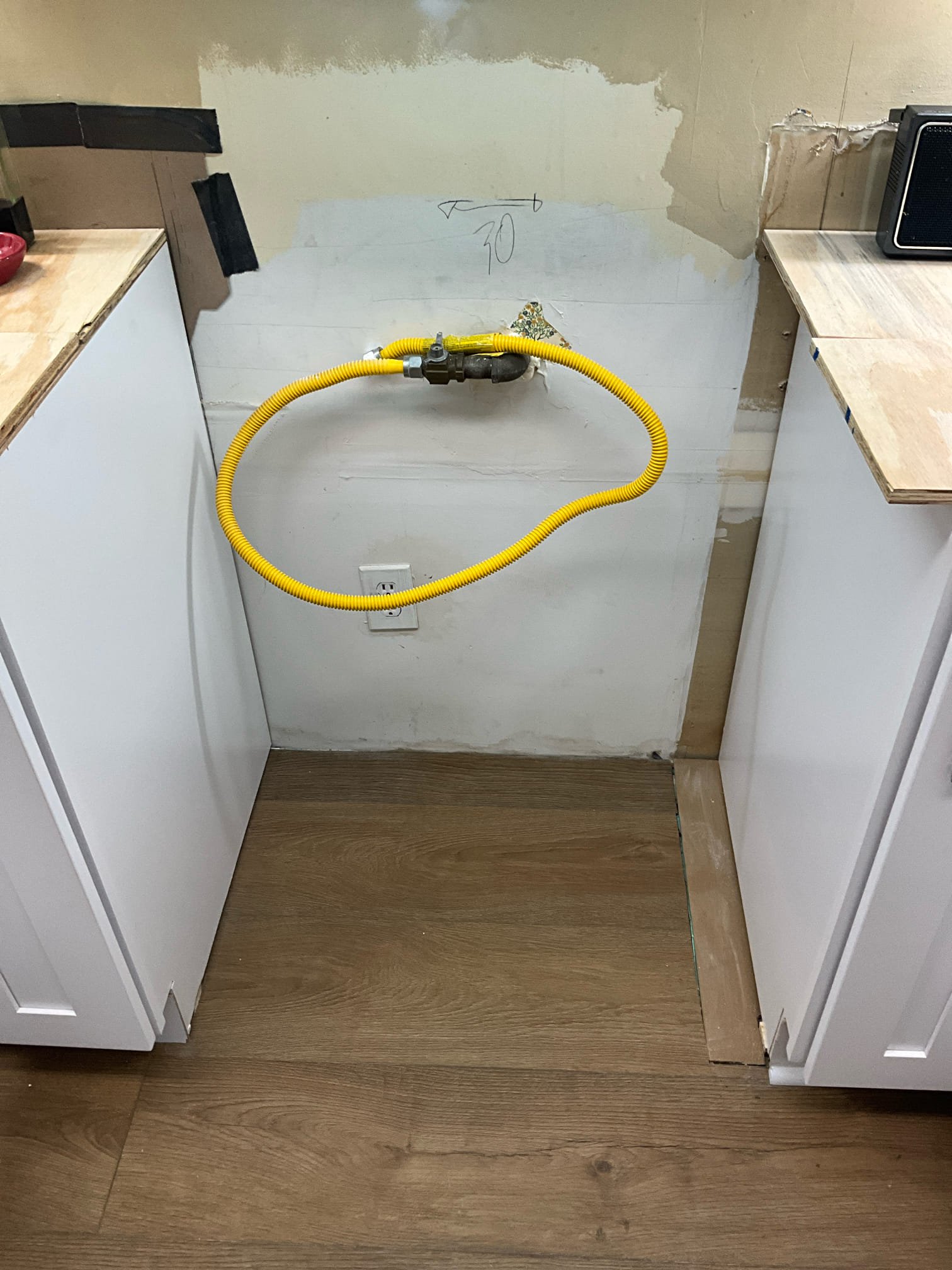 Customer needed hot and cold stops as well as diswasher stop installed under the kitchen sink before remodel is complete. Also needed gas line reworked. Brought the new stop out low enough to be able to loop the new gas line once installed. Tested all work extensively to ensure proper function and no leaks. Mistakenly turned off another meter for that half of the complex when his pilot didn’t quickly go out when testing what was thought to be his meter. Called the gas company and determined the meter belonged to unit 3915. The occupant wasn’t home at the time of work to see. If we need to return and relight their water heater as a courtesy they know they can call the office to have me come out. Was unable to check pressure to unit due to water heater location. Prv is for whole building also. 