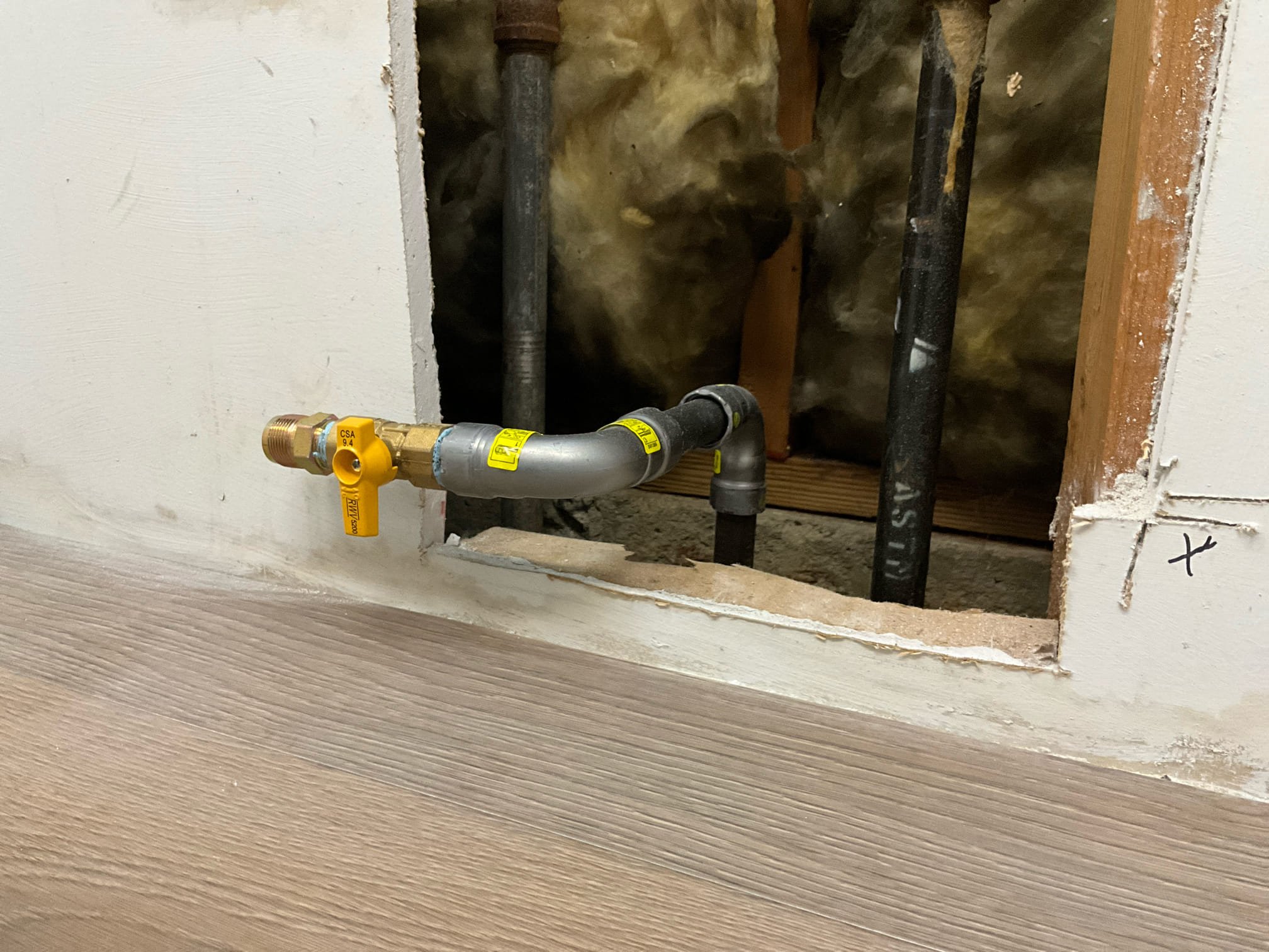 Customer needed hot and cold stops as well as diswasher stop installed under the kitchen sink before remodel is complete. Also needed gas line reworked. Brought the new stop out low enough to be able to loop the new gas line once installed. Tested all work extensively to ensure proper function and no leaks. Mistakenly turned off another meter for that half of the complex when his pilot didn’t quickly go out when testing what was thought to be his meter. Called the gas company and determined the meter belonged to unit 3915. The occupant wasn’t home at the time of work to see. If we need to return and relight their water heater as a courtesy they know they can call the office to have me come out. Was unable to check pressure to unit due to water heater location. Prv is for whole building also. 