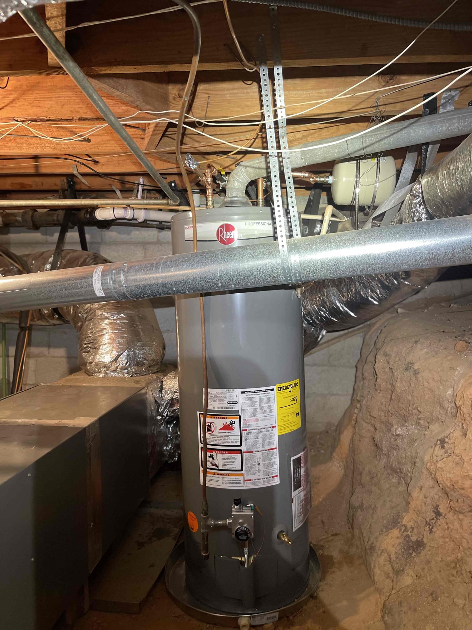 Replaced 50 gallon gas water heater in crawlspace with new 50 gallon tank, expansion tank, and pan. Pressurized and tested to ensure a leak free installation and proper function. No further issue at this time. 
