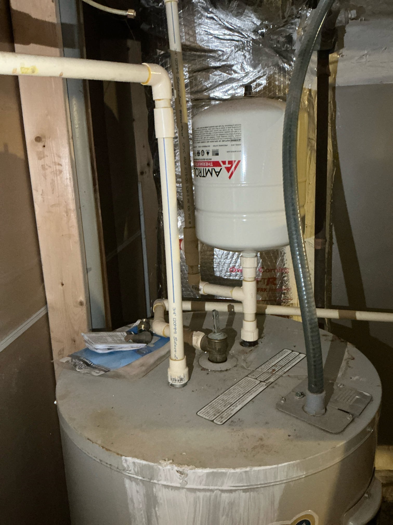 Called out today due to a pipe gushing water in the back yard, causing the back yard to be flooded. After investigation found the temperature and pressure relief line from the water heater to be the culprit. Water heater was 10+ yrs old and the thermal expansion tank had failed on it, so it was decided best to replace the water heater. Installed new Rheem 50 gal electric water heater up to code in a pan, with new properly supported thermal expansion tank and new shutoff valve. Adapted from cpvc to pex an and piped in the new unit. Turned water back on and tested. No issues.

Home water pressure is perfect at 60 psi. Safe range is 50-79 psi.



6 yr manufacturer warranty 
1 yr labor 