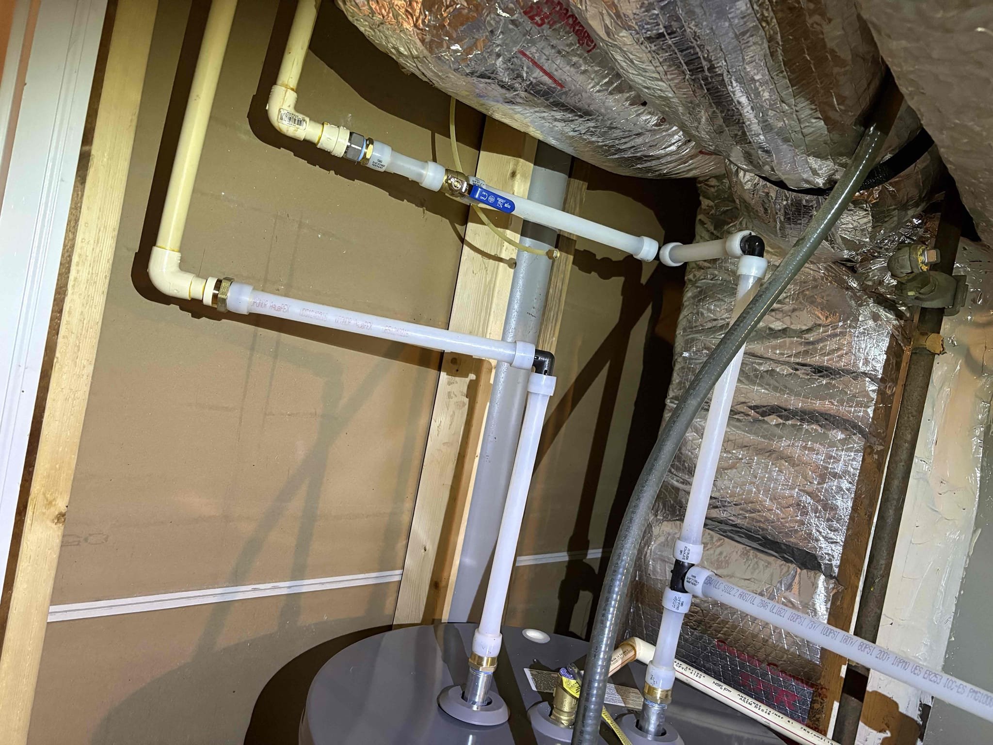 Called out today due to a pipe gushing water in the back yard, causing the back yard to be flooded. After investigation found the temperature and pressure relief line from the water heater to be the culprit. Water heater was 10+ yrs old and the thermal expansion tank had failed on it, so it was decided best to replace the water heater. Installed new Rheem 50 gal electric water heater up to code in a pan, with new properly supported thermal expansion tank and new shutoff valve. Adapted from cpvc to pex an and piped in the new unit. Turned water back on and tested. No issues.

Home water pressure is perfect at 60 psi. Safe range is 50-79 psi.



6 yr manufacturer warranty 
1 yr labor 