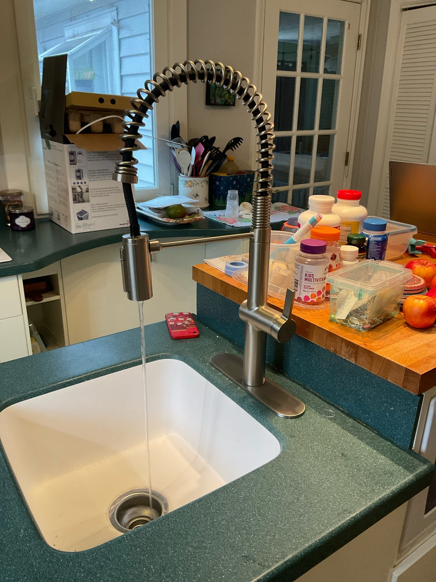Returned and did quoted work. Installed customer provided faucet and also rework drain. Also as a courtesy item replace basket strainer and snake through drain. Tested all work and no leaks were presented at this time and sink was draining as it should. Cleaned up work area.