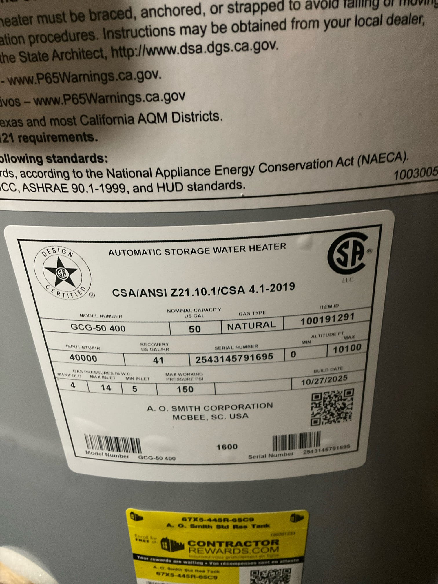 Replaced a Rheem 50 gas water heater with AO smith 50 gal gas tank , installed 4 years warranty extension kit to make 10 years warranty for tank 