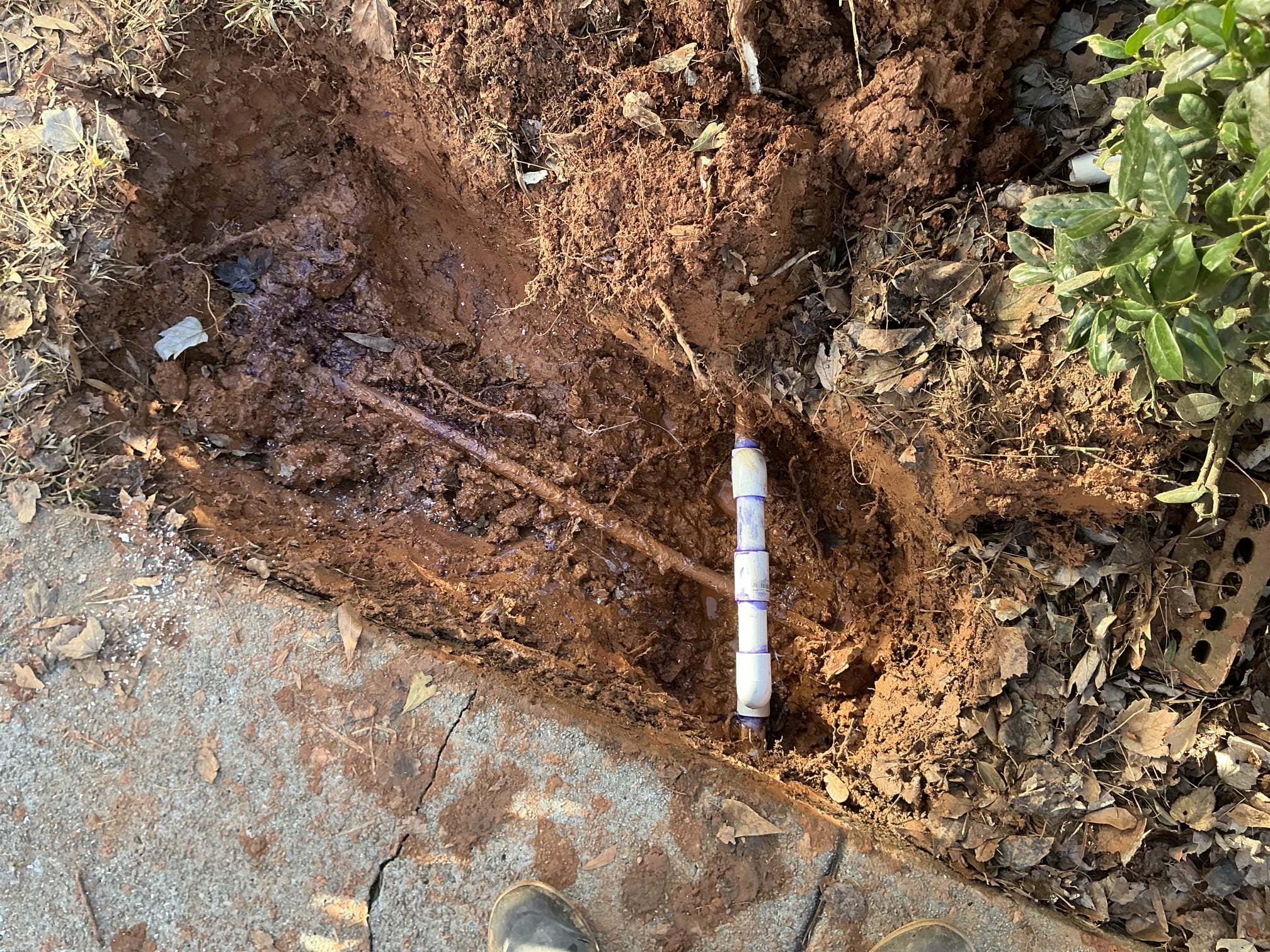 Leak in yard upon arrival. Customer stated dekalb county cut her water off due to a leak. After digging found 1 inch pvc line leaking at a quest fitting. Informed customer we could replace that section of pipe. Gave customer estimate, customer approved estimate. Installed new section of pvc pipe and turned water back on to check for leaks. Found no leaks. No leaks upon departure 