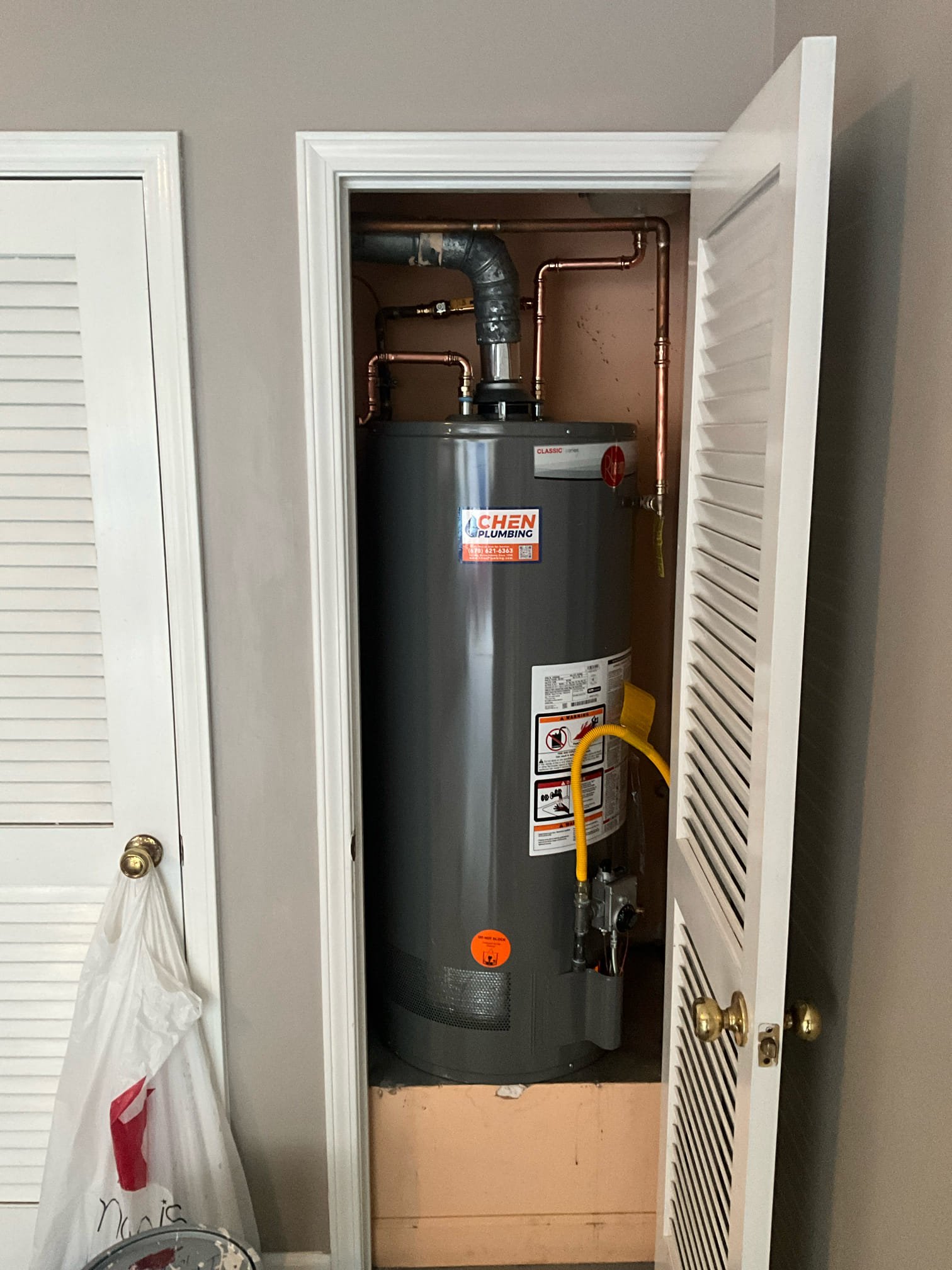 Customer had a water heater that was over 10 years old. Customer expressed interest in replacement proactively. Gave customer a replacement option with and without membership informed customer prior to install the pan would likely not fit in that small space. Customer approved work and I installed a new water heater, shut off, and thermal expansion tank. Re-sloped the vent line and tested all connections to existing water and gas lines to ensure proper function of no leaks. None were found.